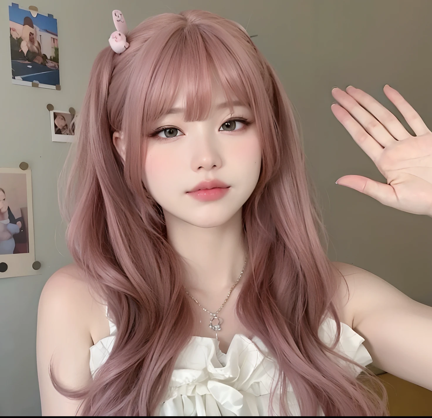 um close up de uma mulher com longos cabelos rosa e um colar, linda Delphine, cabelo liso rosa, long flowing pink hair, cabelo rosa twintail e olhos cianos, flowing pink hair, Penteado kawaii, cabelo comprido com franja completa, kawaii bonito, kawaii estilo de cabelo, cabelos longos com franja, branco hime corte penteado, com cabelo rosa, cabelo rosa wispy