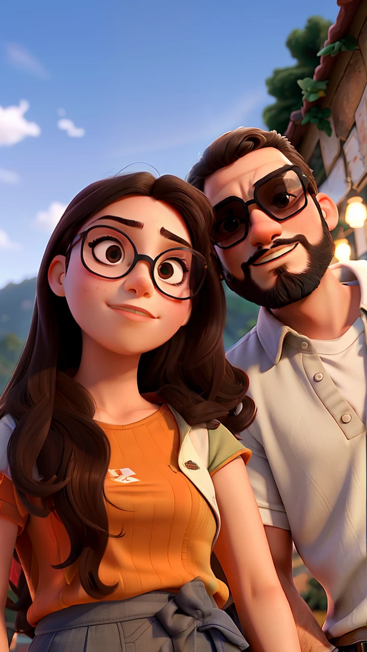 Young couple with sunglasses and passionate look. O jovem rapaz tem barba no rosto todo. The two of them are in a very beautiful background landscape