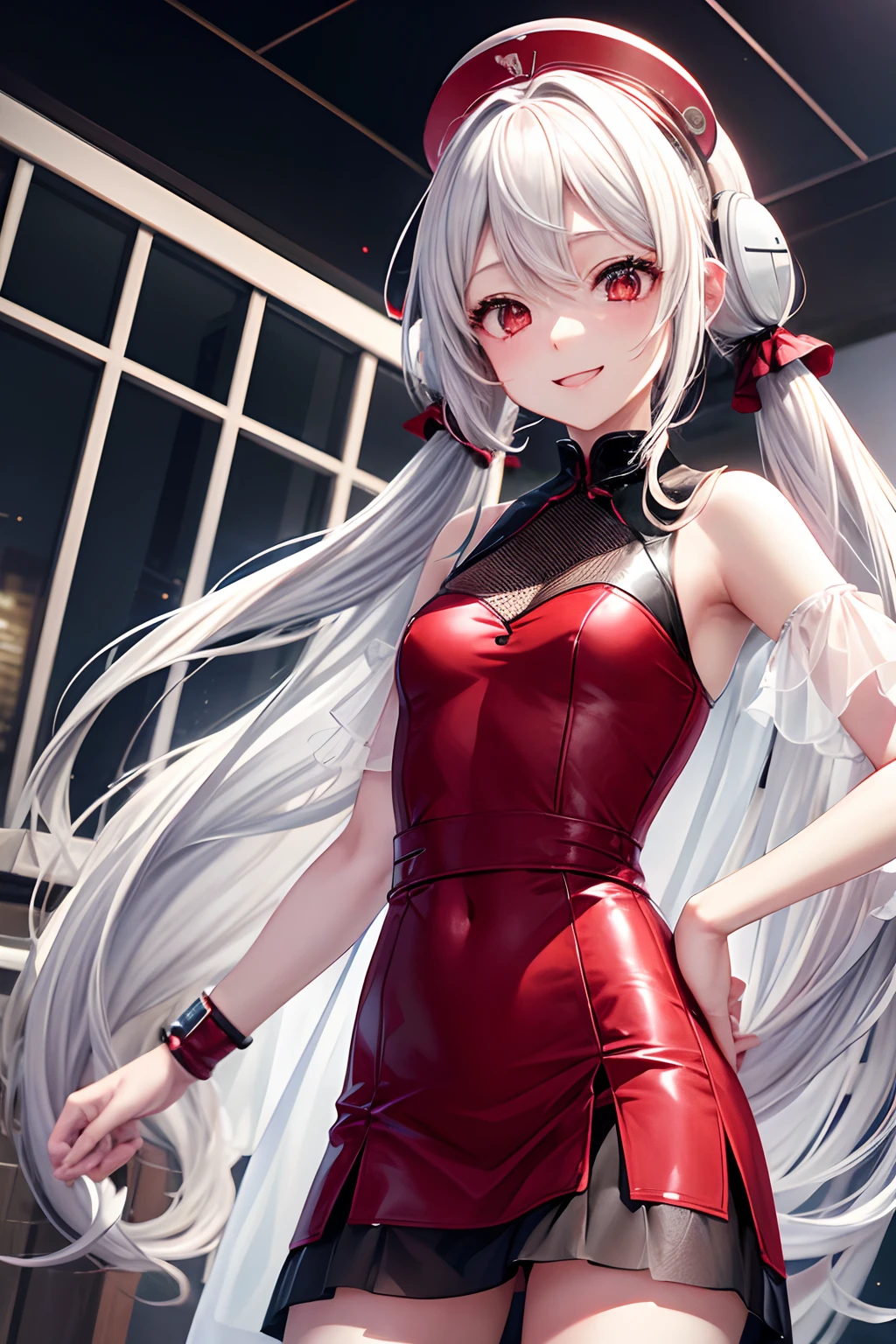 Vocaloid yowanehaku、cool、Adult Cute、poneyTail、white  hair、red eyes、Red face、a smile、Erocute、see through dress、sexypose