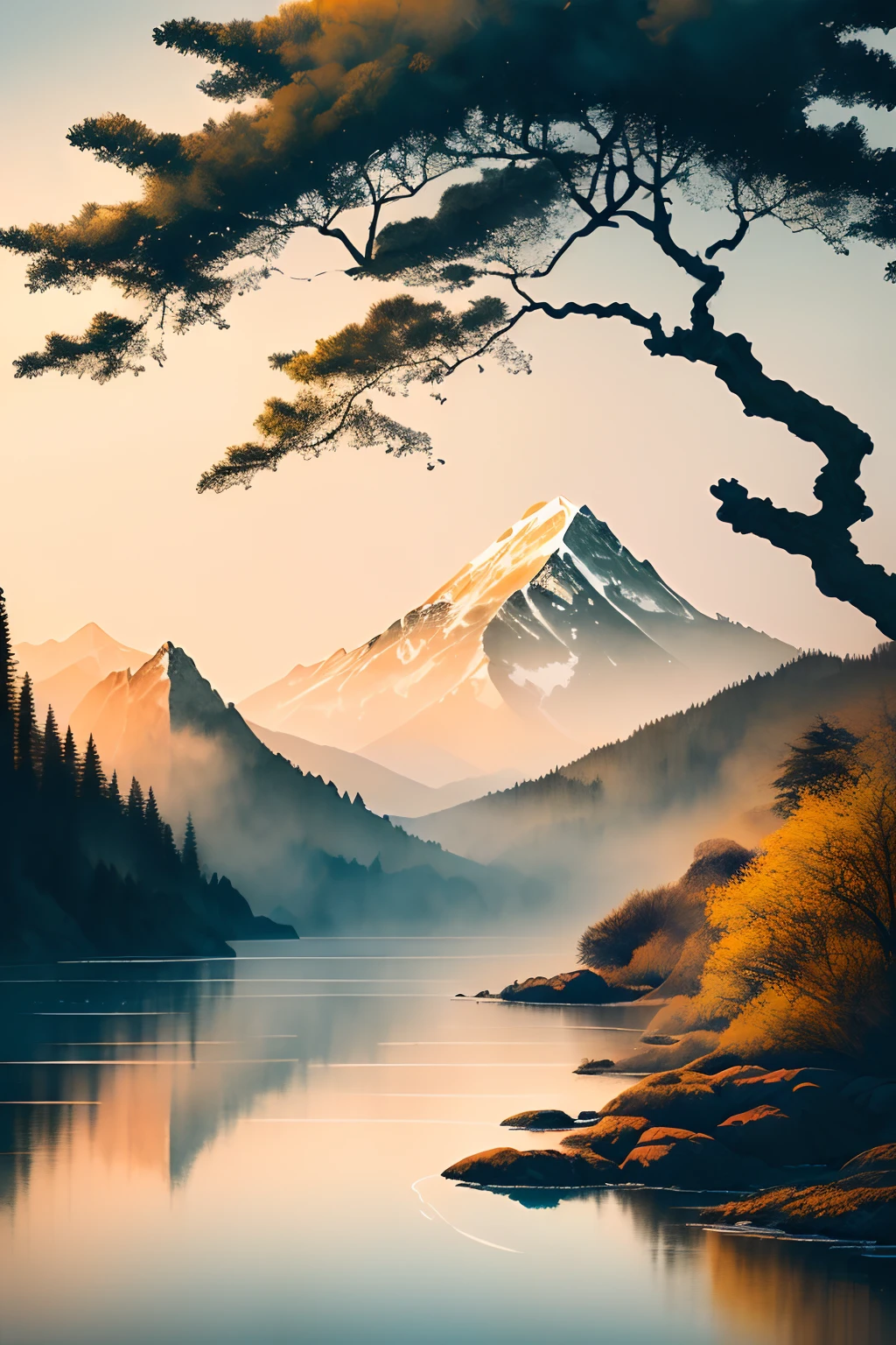 (best quality,4k,8k,highres,masterpiece:1.2),ultra-detailed,(realistic,photorealistic,photo-realistic:1.37),white background,scenery,ink,mountains,water,trees,colorful trees,round limits to the drawing,landscape,soft color tones,soft lighting