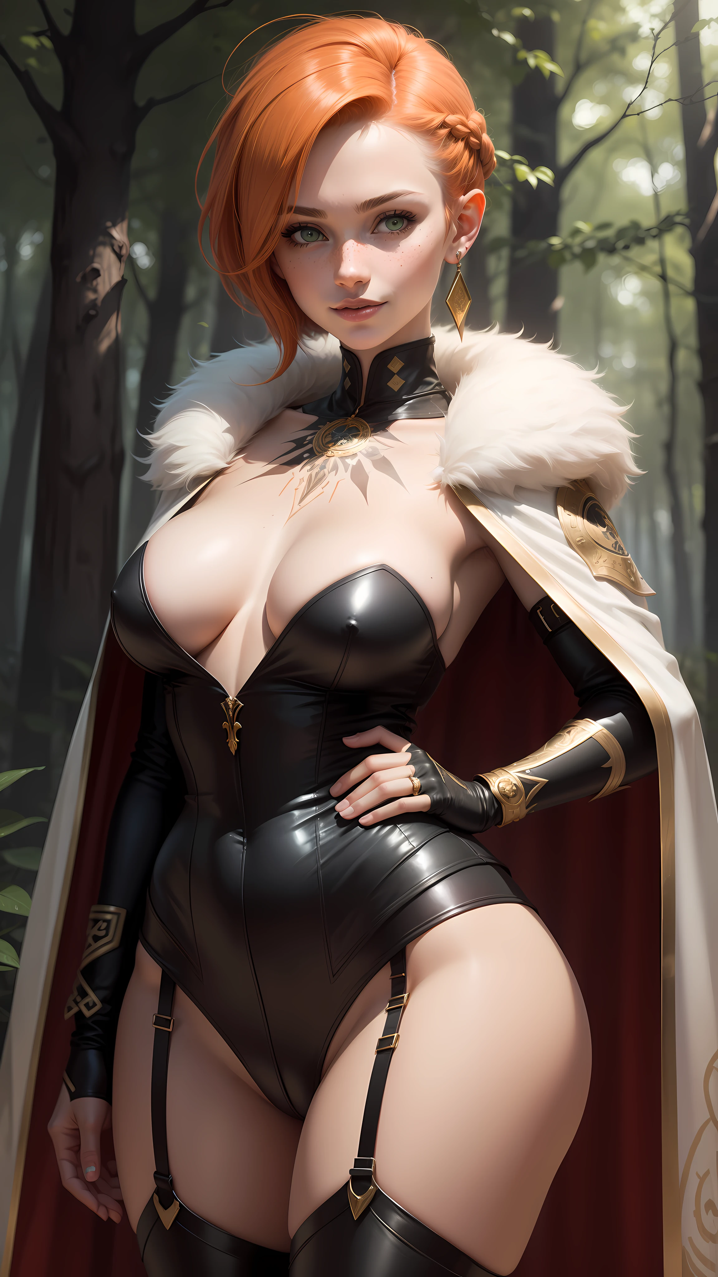 gwen tennyson,tracer,bulma,rebecca chambers,1girl,close up,face paint, hunter uniform,elven armor,gold neck jewelry,body tattoos,short hair,long dress,wolf fur, ceremonial cape,viking corset,tight skirt,elven forest,gold,amulets,tribal piercings and tattoos,white tribal top,green eyes,orange hair,shy smile,freckles,redhead,beautiful girl,large breasts,thigh high boots,ultra detailed,realistic,fantasy art,garter belt,braided hair,holding a sword,