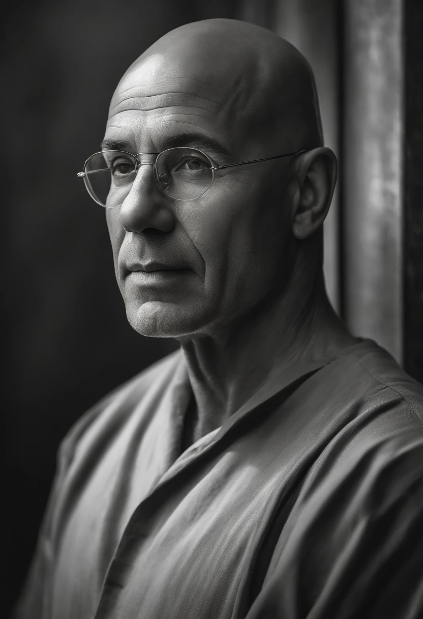 Create a hyper-realistic portrait of a bald, wise, and enlightened man with his face directed straight ahead. The man exudes a sense of serenity and profound wisdom. His bald head reflects a gentle radiance, while his facial features are intricately captured with lifelike precision. The lines and wrinkles on his face tell stories of experience and knowledge. With his gaze fixed forward, there is a sense of purpose and clarity in his eyes. Use your artistic abilities to bring this portrait to life, capturing the essence of his tranquil presence and the depth of his wisdom.