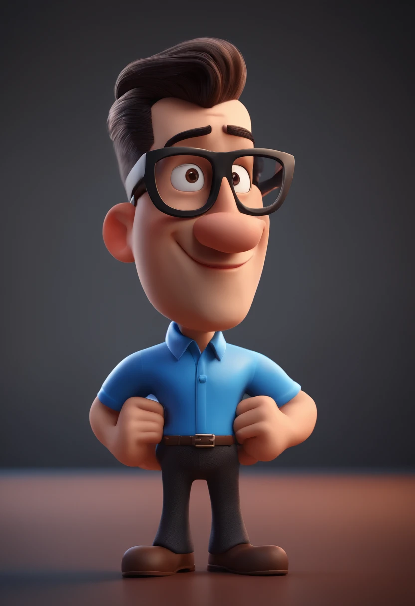 Cartoon character of a man with black glasses and a blue shirt, animation character, Caractere estilizado, animation style rendering, 3D estilizado, Arnold Maya render, 3 d render stylized, toon render keyshot, Personagem 3D, Personagem 3D, 3d rendering stylized, 3 d character render, personagem de desenho animado, Personagem de close up, Pose de personagem, (Estilo Pixar) (master part:1.2) (Bokeh) (best quality) (pele detalhada) (textura detalhada) (8k) (argila) (Cinematic lighting) (foco nítido
