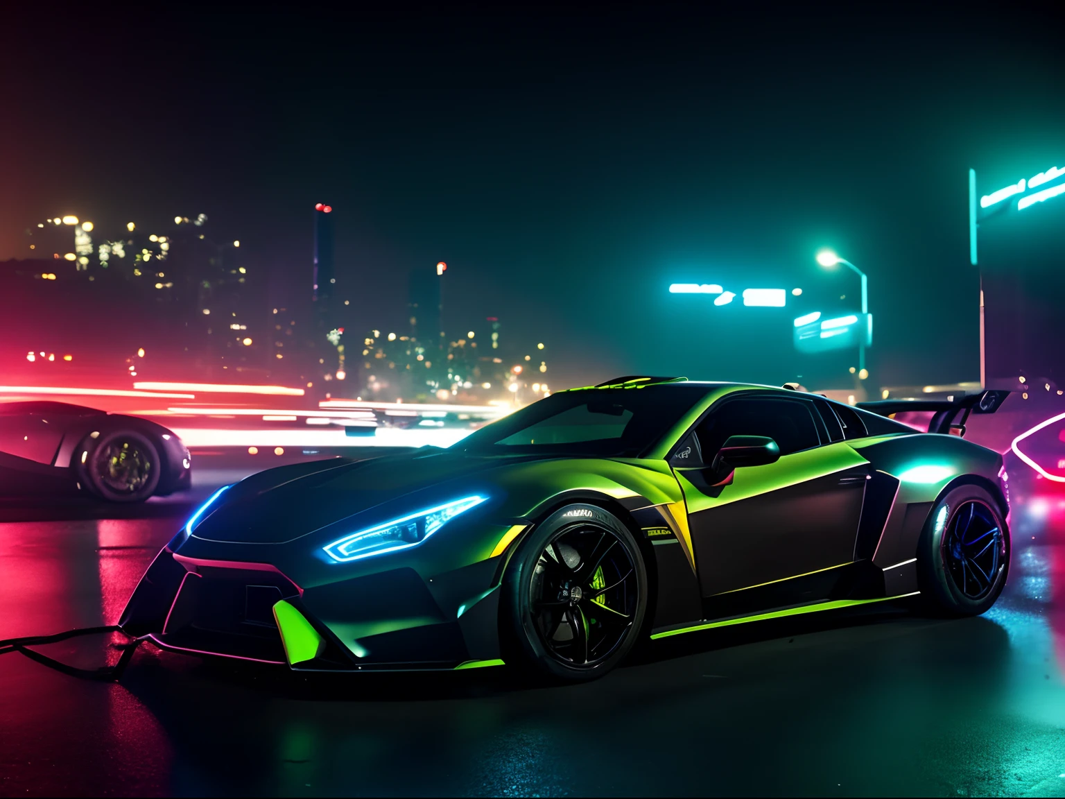 Film still action movie, supercars high speed chase in Los Angeles at night, and explosions ocurring, resulting in crashes and explosions, low angle, neon lights, dynamic movement, low saturated color, taked by Arri Alexa 65, directed by Michael Bay, style raw