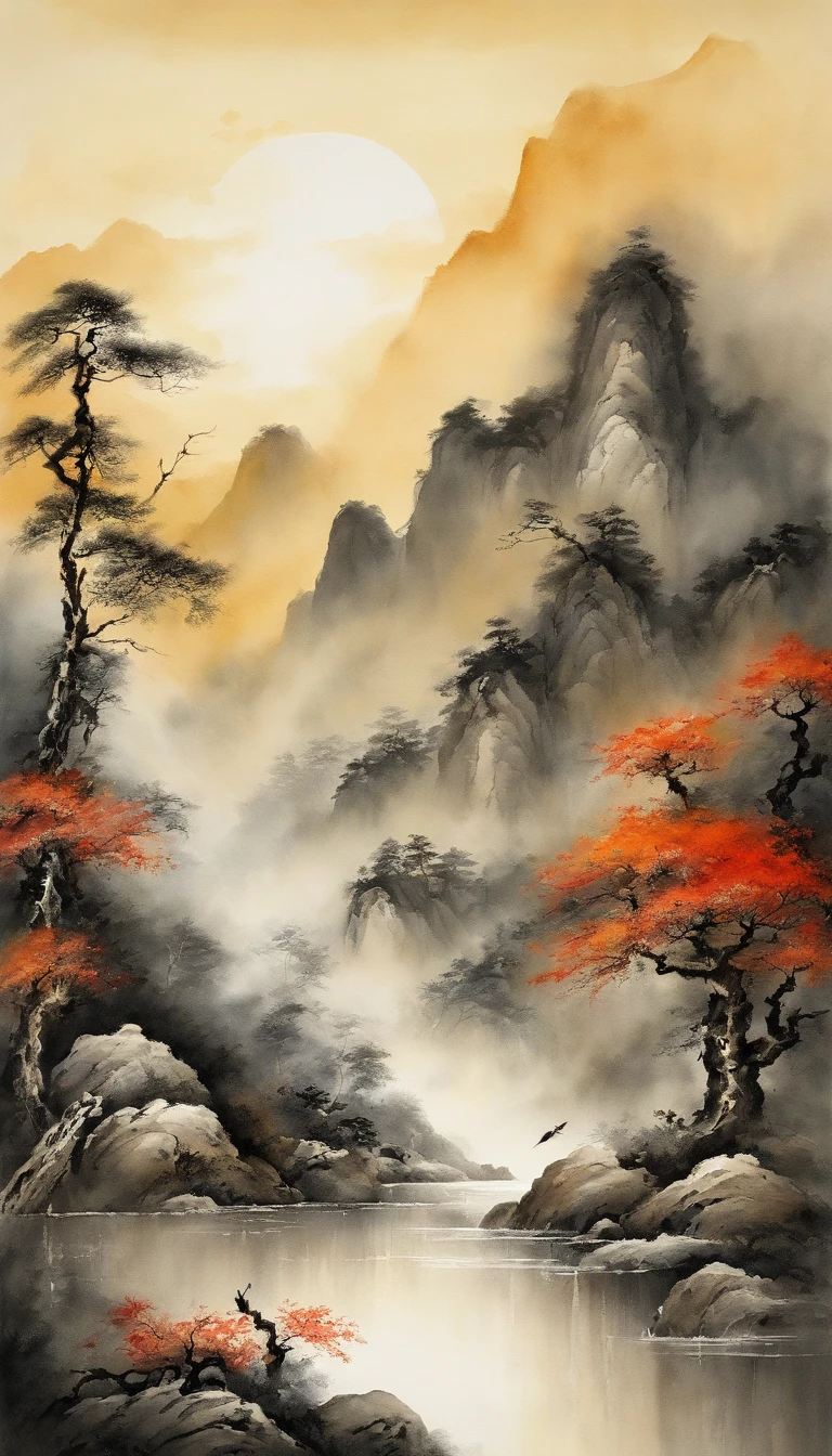 There is a painting of a boat in the water on the side of the mountain, Inspired by Toshizo Hoshida's concept art, Tumblr, mingei, artwork in the style of z.Show on the. gu, Chinese landscape, qi baishi style, unknown artist, Chinese style painting, Japanese style painting, tyrus wong, China ink painting, Chinese painting style