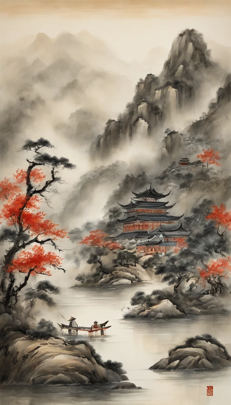 In Chinese landscape painting、Use ink and watercolor styles、We produce on the screen by incorporating ink、Depict detailed landscapes from a distance to an ultra-wide perspective.。A light boat floats in the distance、Tarnished that meticulous detail、Beautifully depicted in low saturation and low contrast tones。Light boat through the Ten Thousand Mountains、It is made as a masterpiece,With beautiful detail and accuracy。This work is T's masterpiece、"Amaterasu"It will also produce the following elements。