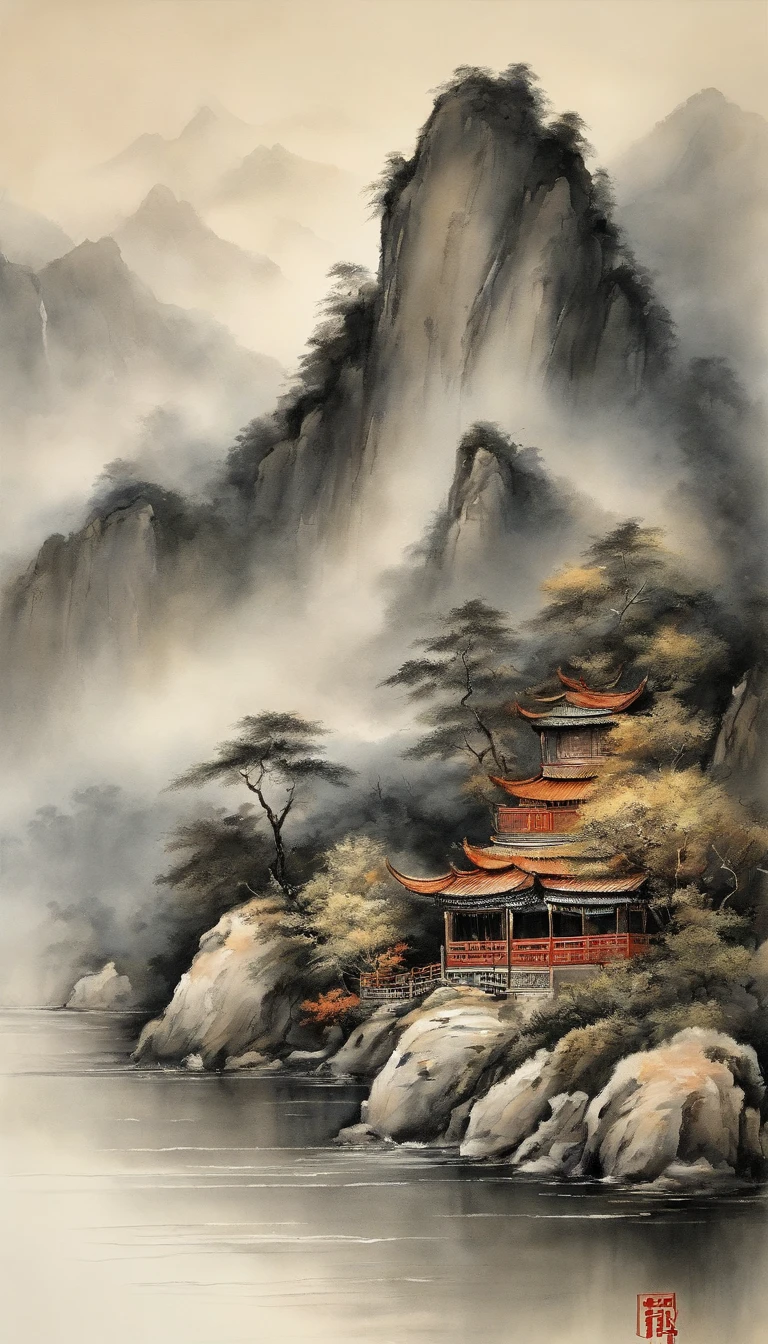 In Chinese landscape painting、Use ink and watercolor styles、We produce on the screen by incorporating ink、Depict detailed landscapes from a distance to an ultra-wide perspective.。A light boat floats in the distance、Tarnished that meticulous detail、Beautifully depicted in low saturation and low contrast tones。Light boat through the Ten Thousand Mountains、It is made as a masterpiece，With beautiful detail and accuracy。This work is T's masterpiece、"Amaterasu"It will also produce the following elements。