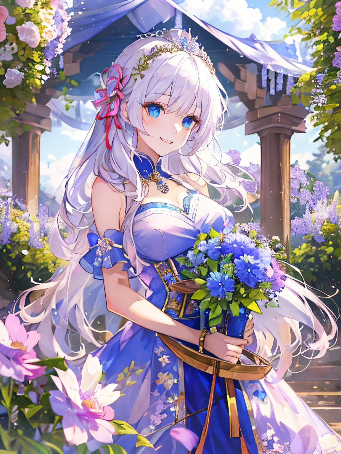 (Best Quality, masutepiece, High resolution), 1womanl, (White hair, Keeping a pony, Wearing a medieval blue dress, 18 years old, Blue eyes, Wearing a tiara, crown princess)、 Stunning, Cute, Heartwarming smile, Beautiful Aster Flower Garden, Gazebo, castle, Seductive sunlight, good proportion, Detailed face, Detailed accessories, symmetry, Detailed finger,