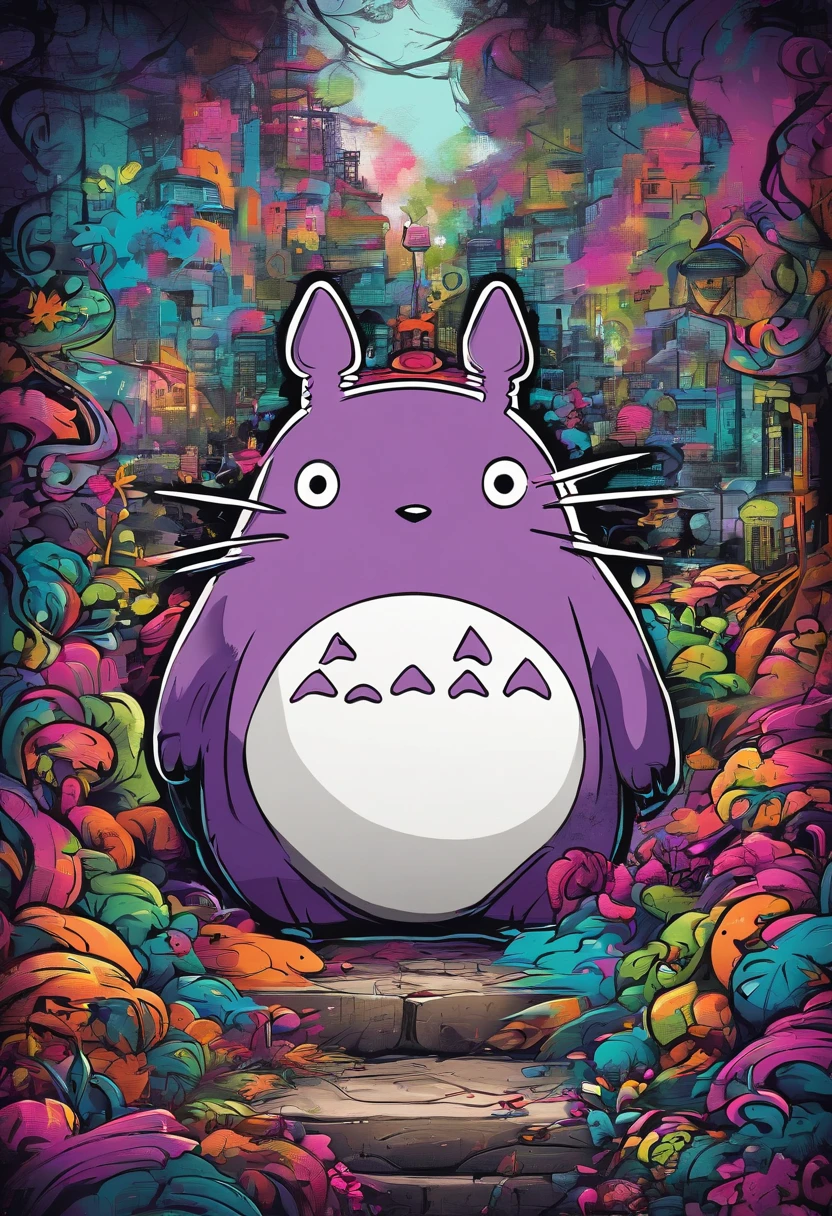 prompt: graffiti, Monstres, Full image, High Resolution High Contrast Totoro Neon Japanese Forest Decor