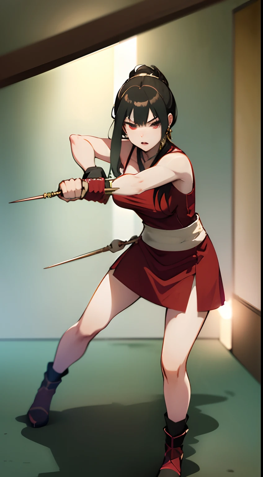 top-quality、masterpiece、hight resolution、1girl in、Short stature、A slender、skinny thigh、Ayolf、Black hair、short hair with long locks、Gold Hair Band、Red Eyes、Black Dress、Gold Earrings、Jewelry、pantiy、With weapons、Low posture、Attacking with the foot、Fighting、Sleeveless、Unleash a kick, sash, pelvis curtain, arm guards, gloves, tabi