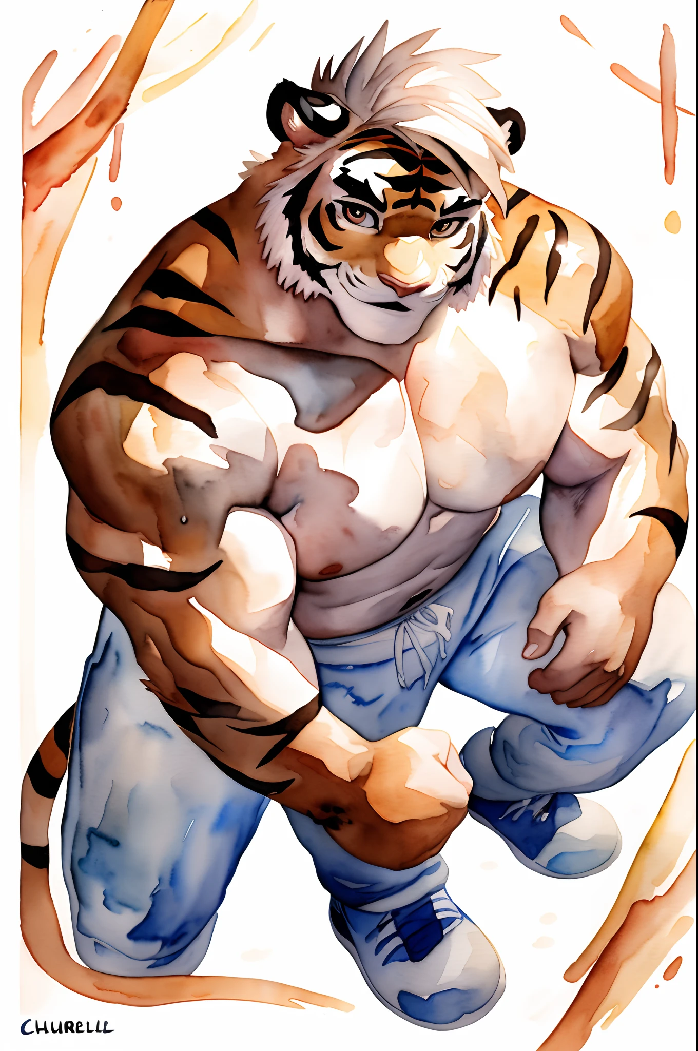 Author: bontiage, (2 boy), tiger, Erect penis, (sweat:1.6), Men's Second, kemono, hot body, muscle, Beautiful, sexual, Attractive guy, (Detailed black eyes), brows, (masterpiece, A high resolution, Best quality), 4K, a male, Beautiful shadow, Naked and with hands and feet tied, arms raised in the air, extend arms straight out, A tiger mocking a tied up tiger, front side