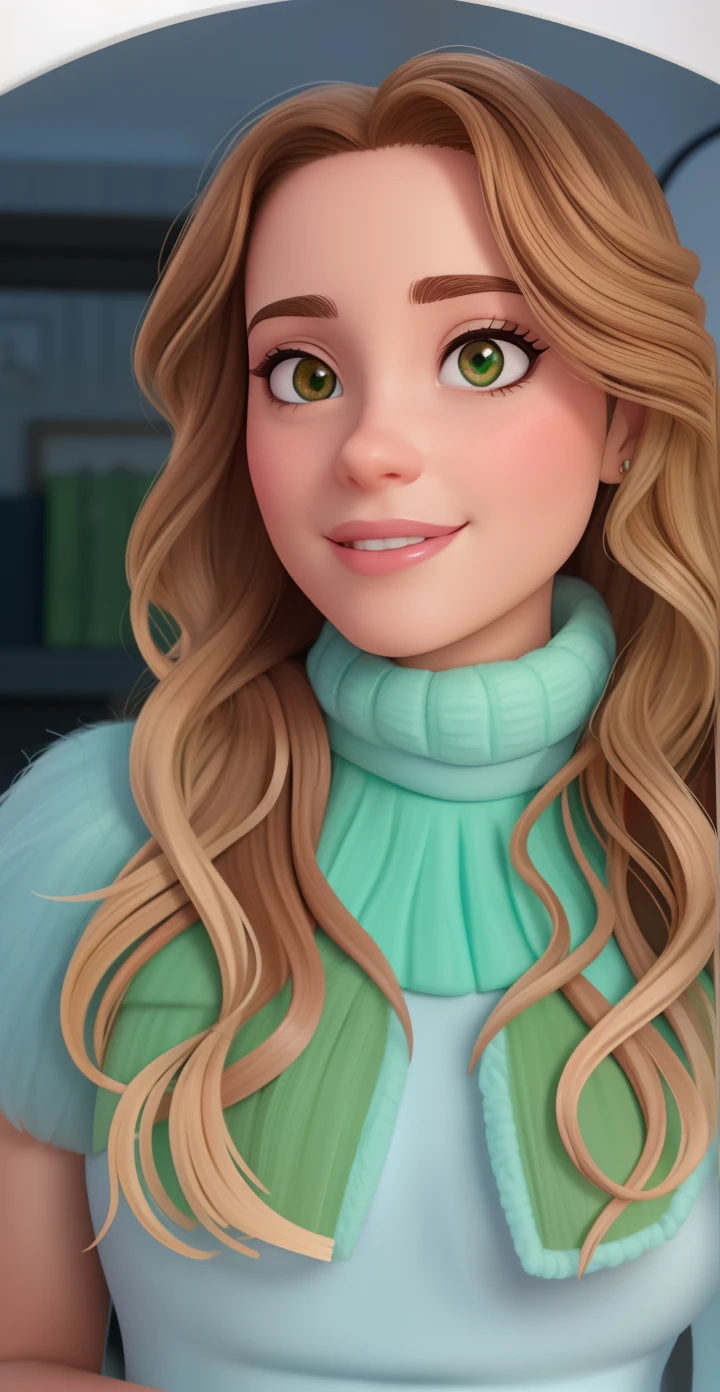 Uma mulher de 31 anos, branca com longos cabelos loiros, Rosto redondo, sorriso encantador, e olhos verdes, formato desenho da Disney pixar