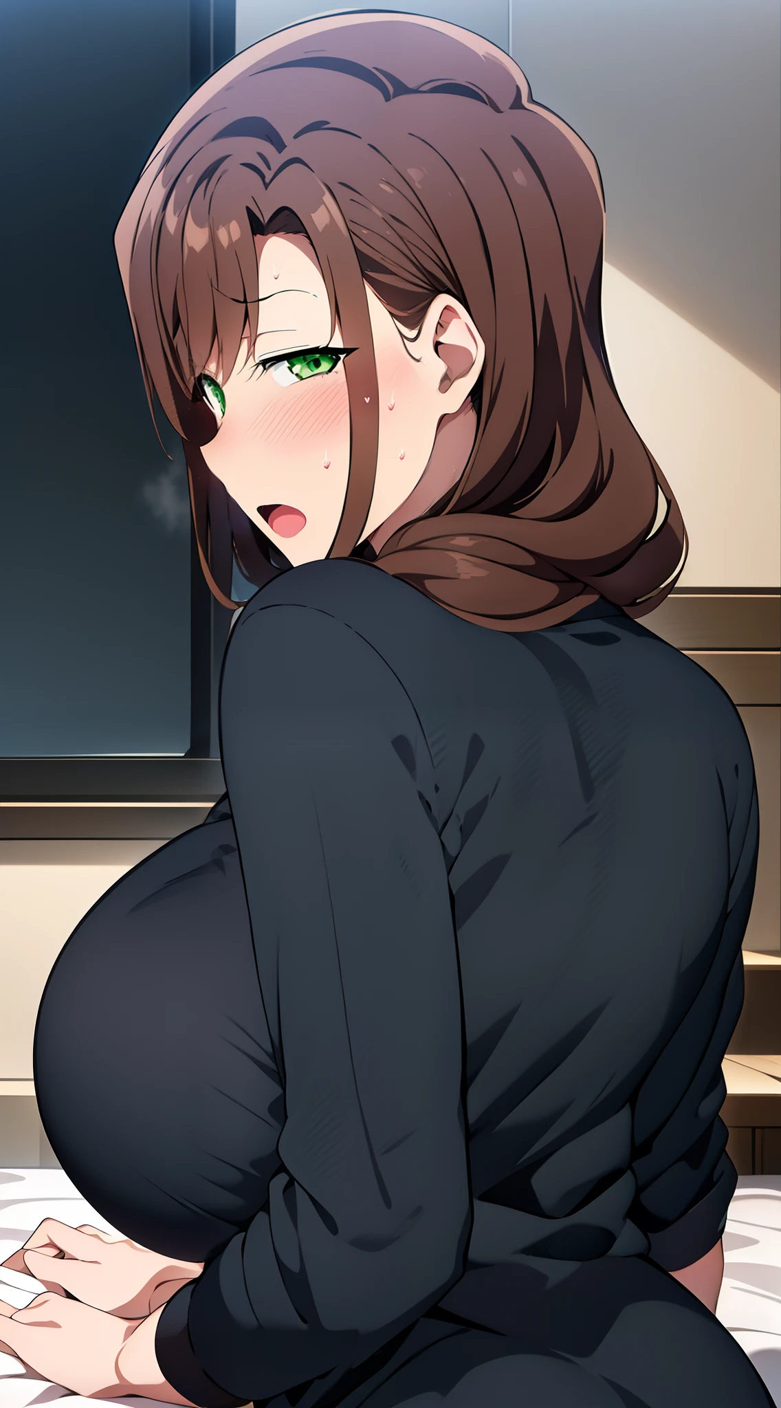 1girl, solo, long hair, looking at viewer, blush, open mouth, huge breasts, brown hair, shirt, long sleeves, green eyes, upper body, sweat, looking back, indoors, clothes lift, from behind, black shirt, detailed eyes, hair over shoulder