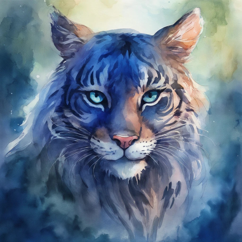A big cat with a wide split mouth and a smile Fantastic atmosphere watercolor paiting Picture book illustrations Overall, the color is dark blue
