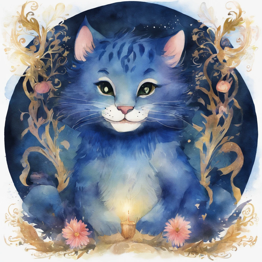 A big cat with a wide split mouth and a smile　Fantastic atmosphere　watercolor paiting　Picture book illustrations　Overall, the color is dark blue