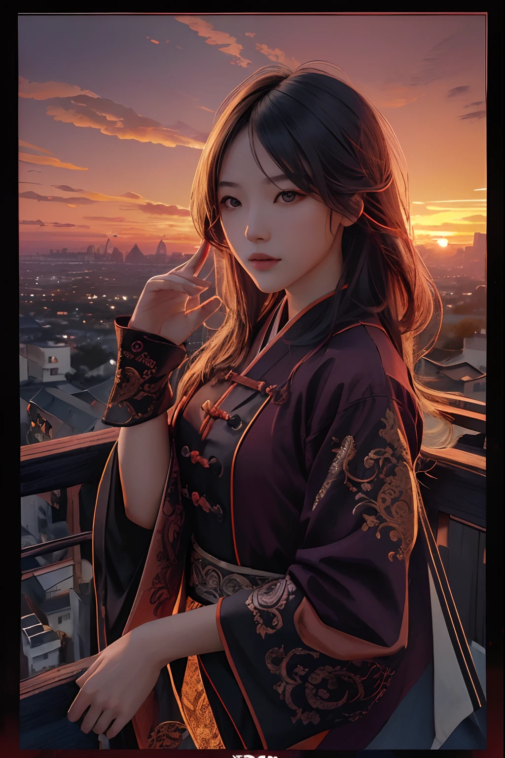 (Dramatic, gritty, Formidable:1.4),masutepiece, Best Quality, 32K UHD, Insane details, Intricate details, hyperdetails, hyper quality, high detailing, ultra-detailliert, masutepiece(Sunset, Dusk:1.5)
1girl in, Solo,
Tense shots(the sky glows red,visual impact,giving the poster a dynamic and visually striking appearance:1.2),Chinese Zen Style,Impactful images,