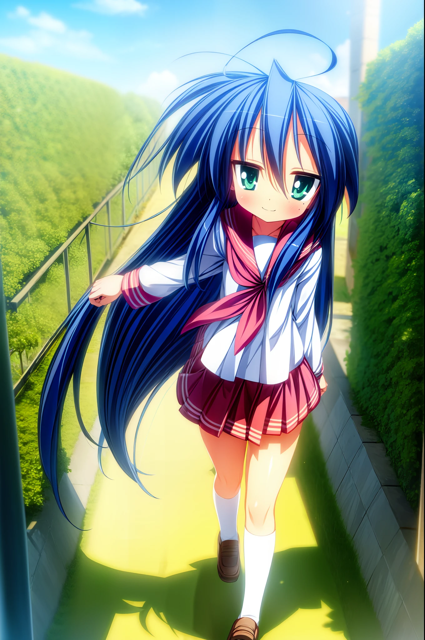 1girl, solo, konata izumi, ryouou school uniform, illustration, walking, smile, add_detail:1, best quality, masterpiece, outdoors