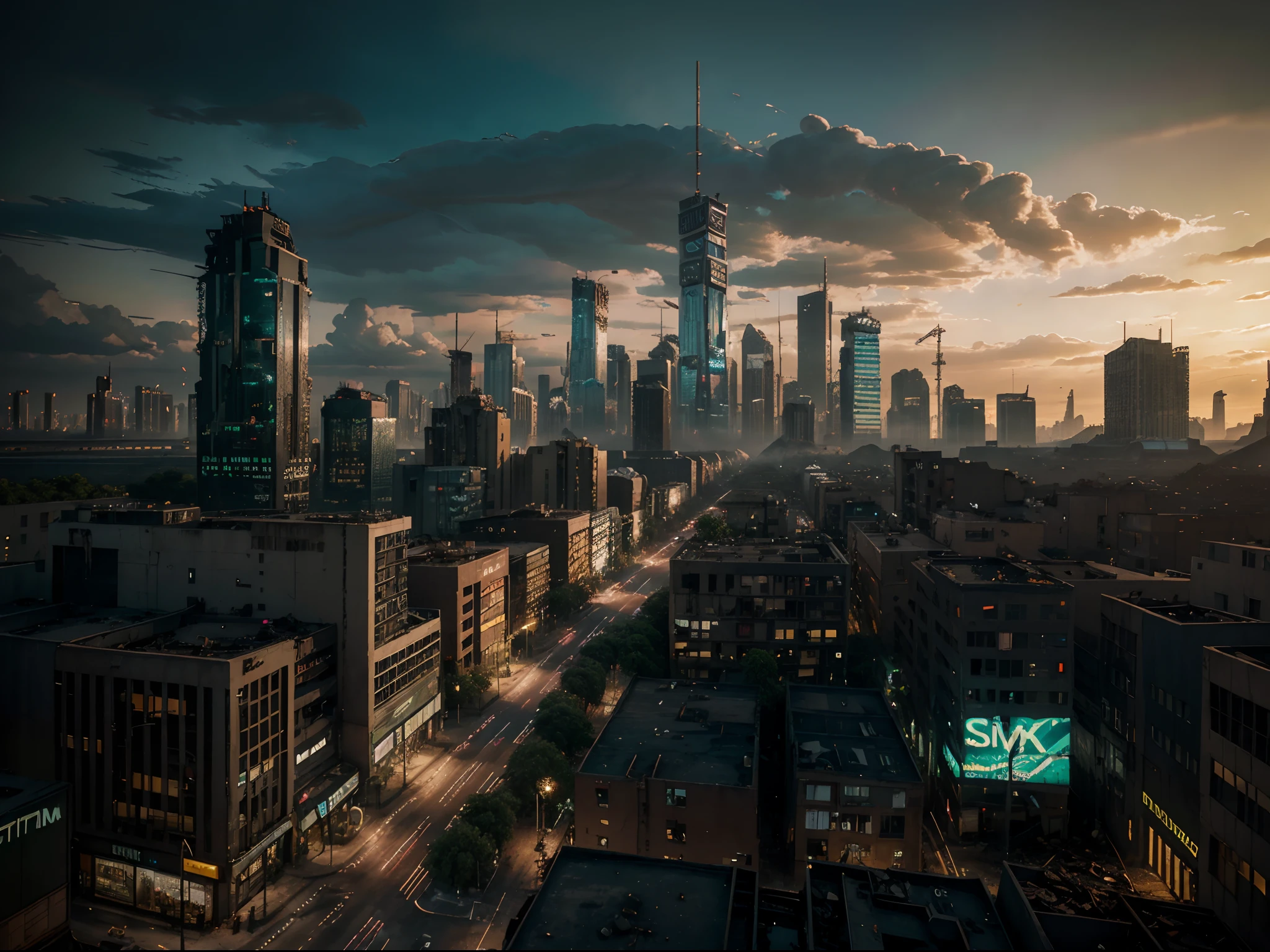Create a hyperrealistic, 8K UHD urban dystopia. Picture a gritty, post-apocalyptic cityscape, where towering skyscrapers crumble, nature reclaims the streets, and neon lights flicker amidst the ruins. Let the image evoke a sense of desolation, mystery, and the relentless force of nature.