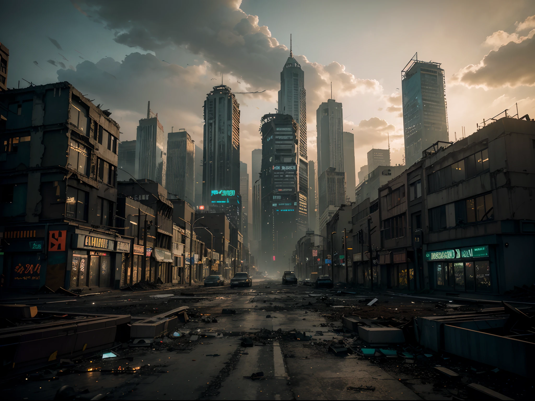 Create a hyperrealistic, 8K UHD urban dystopia. Picture a gritty, post-apocalyptic cityscape, where towering skyscrapers crumble, nature reclaims the streets, and neon lights flicker amidst the ruins. Let the image evoke a sense of desolation, mystery, and the relentless force of nature.
