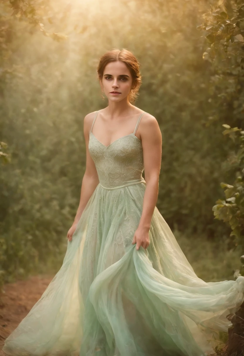 In the hazy glow of a Lomographic vignette photograph, ((Emma Watson)) como uma fada misteriosamente encantadora emerge com delicado, Translucent wings that glow ethereal. Tendo como pano de fundo uma folhagem verde exuberante, O cabelo prateado da fada cai como a luz do luar, enquanto seu vestido opalescente gira em torno de sua pequena figura. The photograph captures the magical essence of this enigmatic creature, com suas cores vibrantes e atmosfera surreal. This high-quality image evokes a sense of wonder and invites viewers to immerse themselves in the captivating world of the enigmatic fairy.