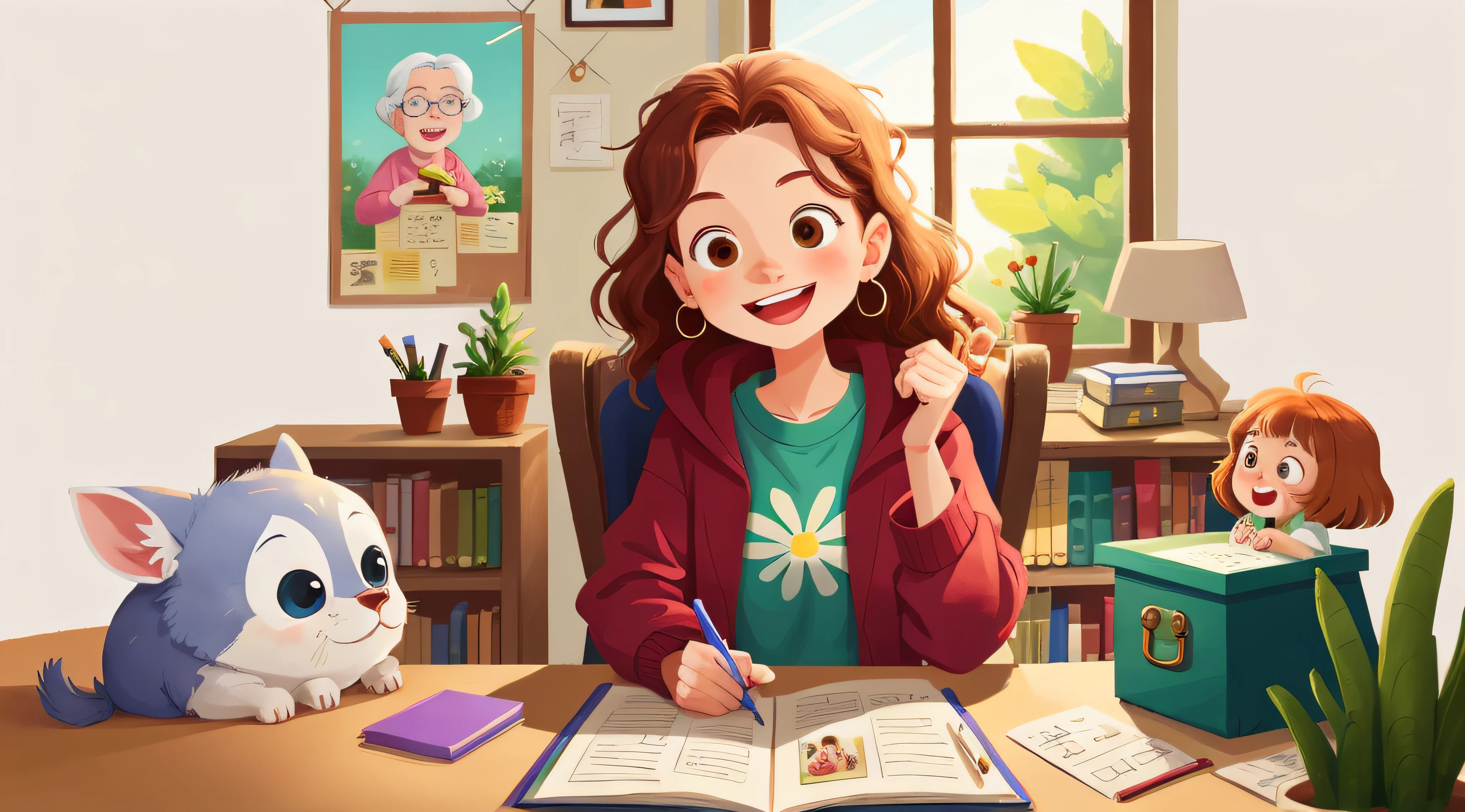Draw Liz and her grandma in a cozy environment. Liz is animatedly telling something, And Grandma, com um sorriso, mostra uma caixa misteriosa com o nome "Magic Box of Happiness"