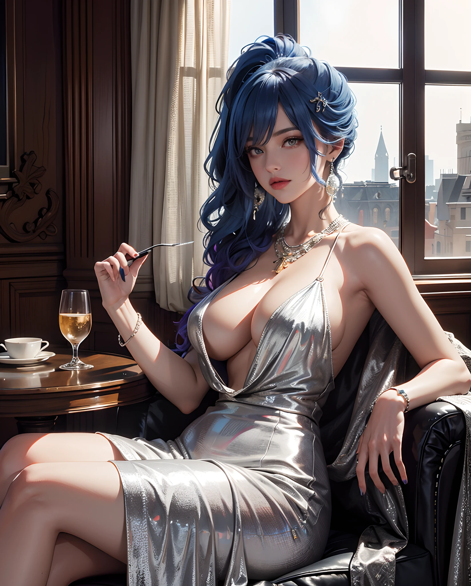 ((masterpiece, best quality)),
st. louis \(luxurious wheels\) \(azur lane\), highres, highest quallity, illustration, cinematic light, ultra detailed, detailed face, (detailed eyes), best quality, hyper detailed, masterpiece, (detailed face), large breasts, hair ornament, earrings, necklace, portrait, silver dress, revealing clothes,highest details, luminous eyes, (hotel:1.2), sitting in bed, sitting, bed, window, night sky, backlighting, light rays, (high contrast), (colorful),