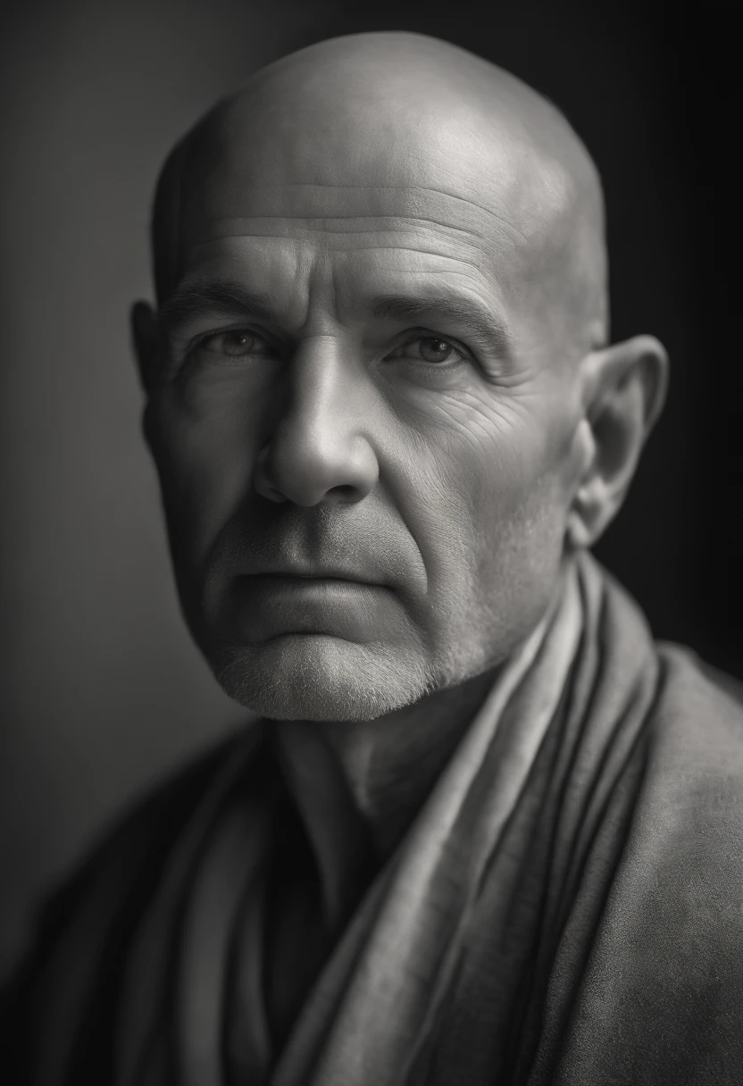 Create a portrait of a bald, wise, and enlightened man with a hyper-realistic likeness. The man is depicted in a front-facing directed straight ahead, showcasing his serene and contemplative demeanor. Every detail of his face is captured with astonishing realism, from the texture of his smooth scalp to the lines and wrinkles that speak of a life lived with wisdom. The lighting emphasizes the depth and character of his features, casting subtle shadows that add depth to the portrait. Use your artistic skills and imagination to bring this portrait to life, capturing the essence of his profound wisdom and tranquil presence.