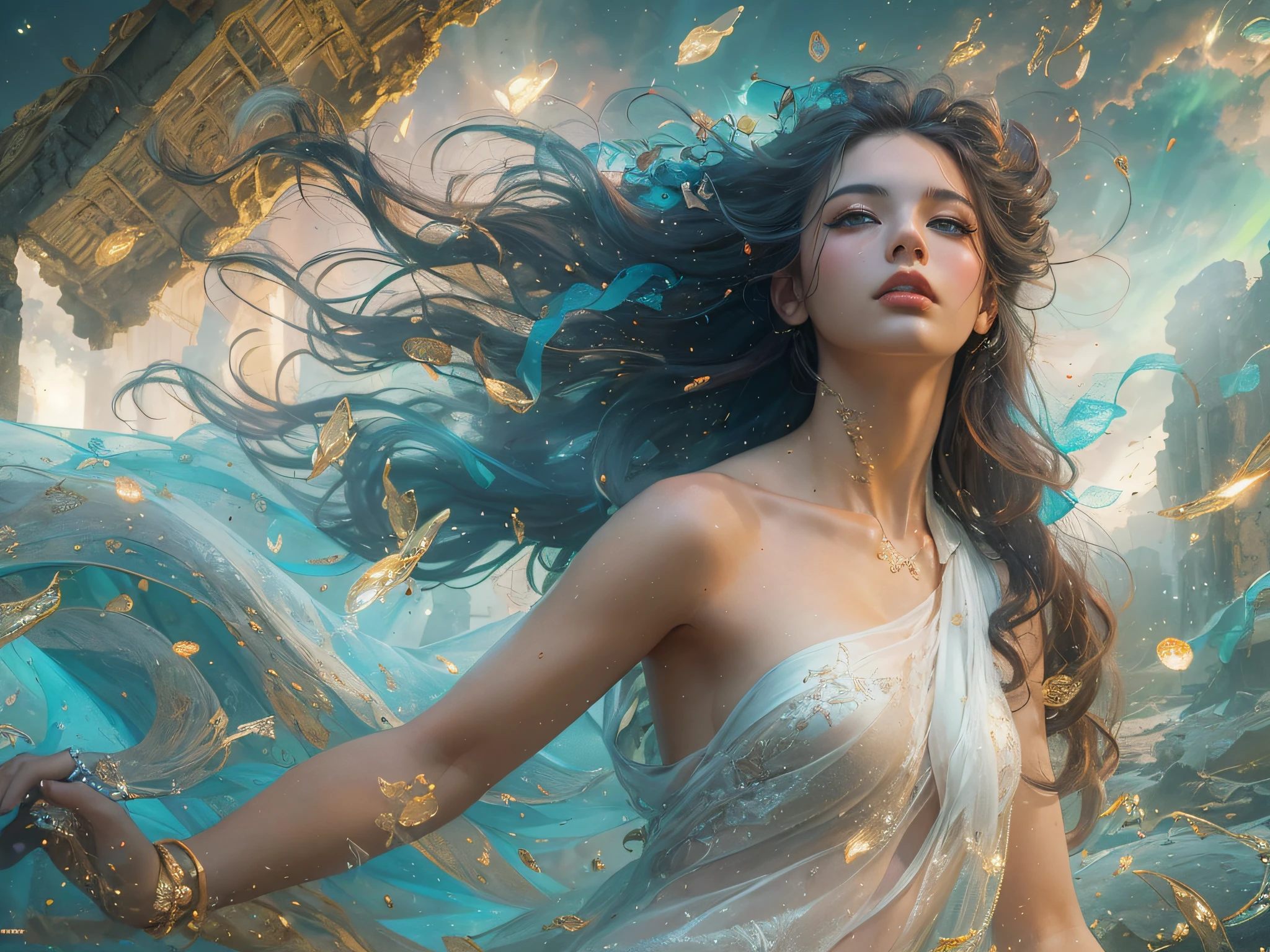 (photo of a venus wearing a white see-through silk toga, upper body),(Aurora Background, floating colorful sparkles, wind blowing through, flowing hair, clothes blowing in the wind, :1.2),(Surrealism, blue tone),ancient ruins, temple ruins, ancient Greece , shiny skin ,skinny physique, beautiful figure, elegant, vivid colors ,(official art, unity 8k wallpaper, ultra detailed, beautiful and aesthetic, masterpiece ,best quality, photorealistic:1.3),