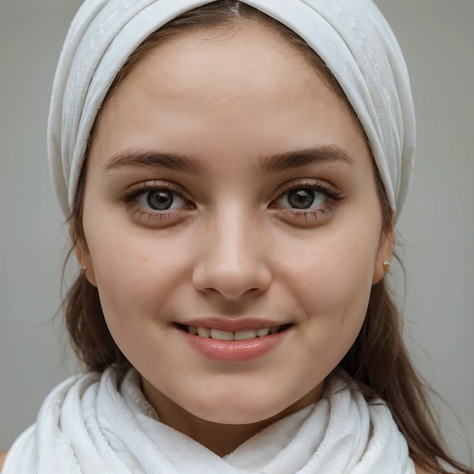 a close up of a woman wearing a white scarf and a headscarf, clear cute face, she has a cute face, close up face, with accurate face, beuatiful face, close up potrait, slight cute smile, young cute face, with cute doting eyes, with kind face, very clear face, with cute - fine - face, lovely smile