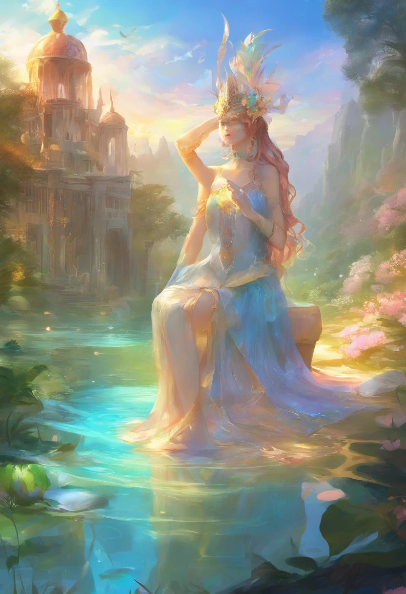 (Masterpiece, Best quality, Ultra-detailed, Best Illustration:1.3), 1girll, (Slime girl:1.4), (Transparent:1.3), (See-through:1.4),Sitting, ,No clothing,(refractions,Reflection:1.2) , transparent face, Transparent body, Transparent skin, sunshine day,water blue,Spring water background