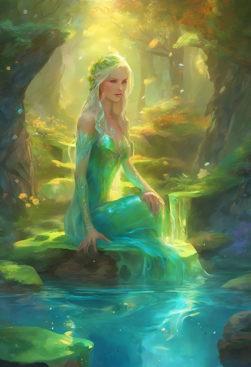 (Masterpiece, Best quality, Ultra-detailed, Best Illustration:1.3), 1girll, (Slime girl:1.4), (Transparent:1.3), (See-through:1.4),Sitting, ,No clothing,(refractions,Reflection:1.2) , transparent face, Transparent body, Transparent skin, sunshine day,water blue,Spring water background