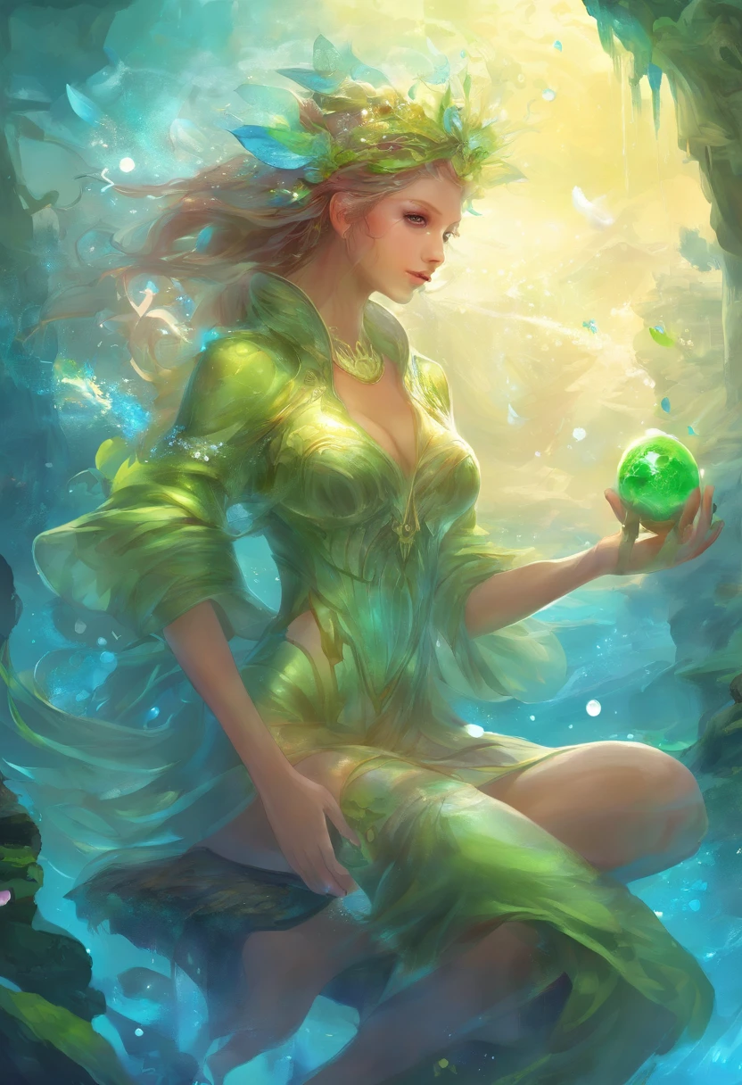 (Masterpiece, Best quality, Ultra-detailed, Best Illustration:1.3), 1girll, (Slime girl:1.4), (Transparent:1.3), (See-through:1.4),Sitting, ,No clothing,(refractions,Reflection:1.2) , transparent face, Transparent body, Transparent skin, sunshine day,water blue,Spring water background