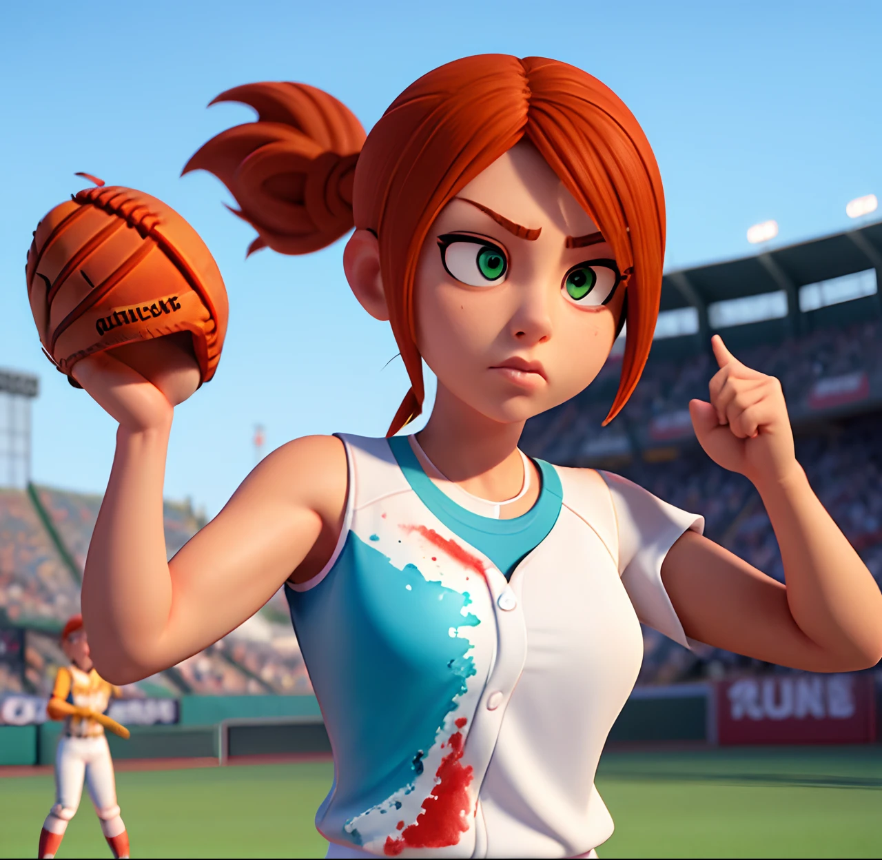 Masterpiece, (watercolor:1.3), (short stack:1.1), forward facing, eyes on camera, serious expression, (action shot:1.4) , (upper body strength:1.3), contrapposto (tattoo:1), softball pitcher, auburn hair, green eyes, (string bikini:1), pitching a softball at viewer, (focus on softball in foreground:1.4), sunny, natural lighting, High definition, excellent resolution, excellent quality, insane detail, semi realistic, postprocessed, crisp face, facial features, extremely detailed, facial features