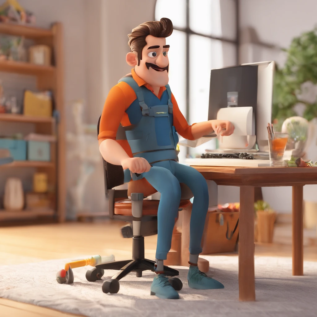 Criar um personagem no estilo Pixar. Trata-se de um homem de 30 anos, com barba, Branco, com cabelos castanhos curtos e um quiff, e olhos castanhos. Ele deve estar na frente de um computador, Trabalhar como designer