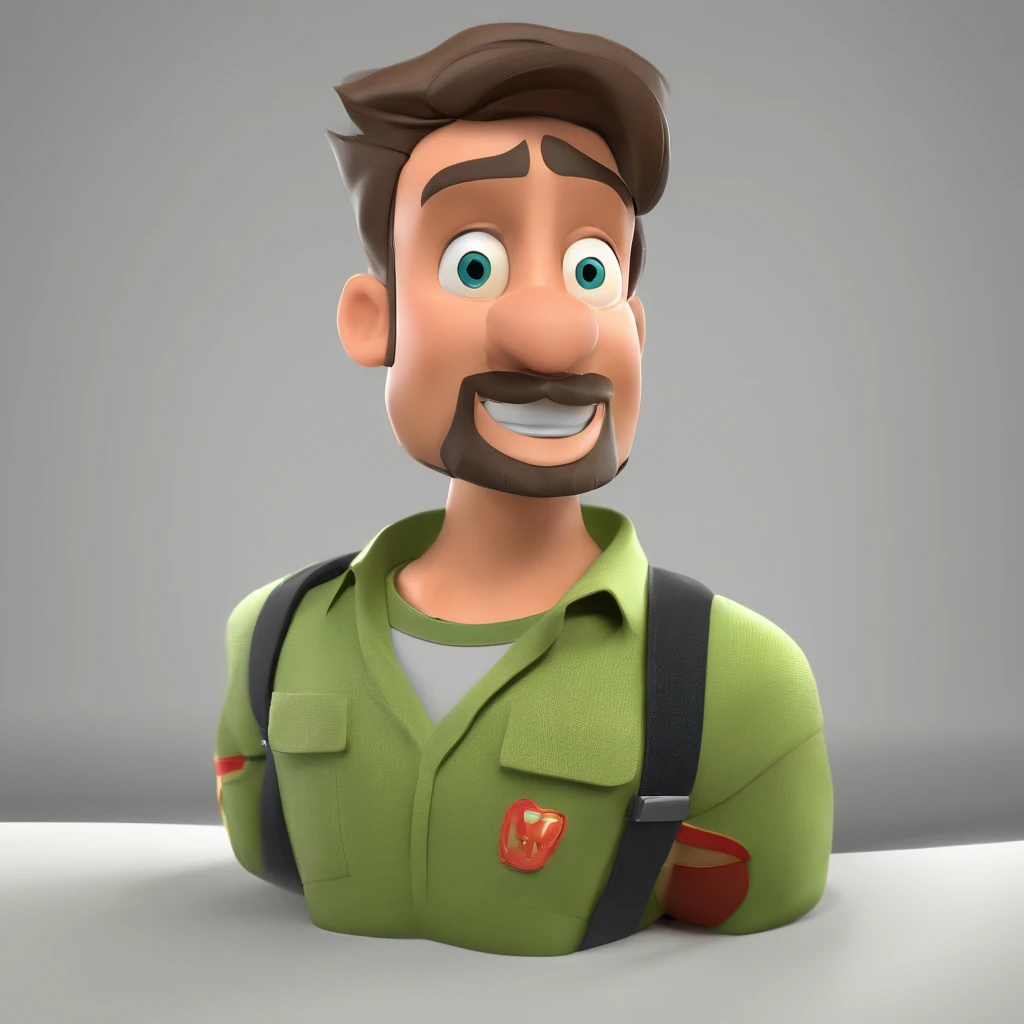 Criar um personagem no estilo Pixar. Trata-se de um homem de 30 anos, com barba, Branco, com cabelos castanhos curtos e um quiff, e olhos castanhos. Ele deve estar na frente de um computador, Trabalhar como designer