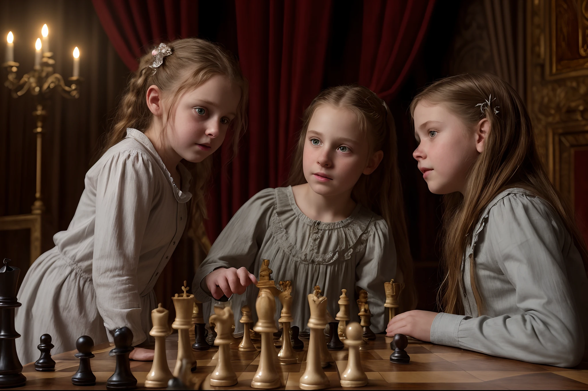 Realistic, photorealistic, RAW photo, ultra detailed, cinematic lighting, (surrealism: 1.2), theater stage with curtain down, girl playing chess vs big anthropomorphic cat, they leaned over the table and look at each other almost touching their heads, detailed face and eyes, vivid colours, masterpiece, Cinematic composition, aesthetic of fairytale, Centered image.