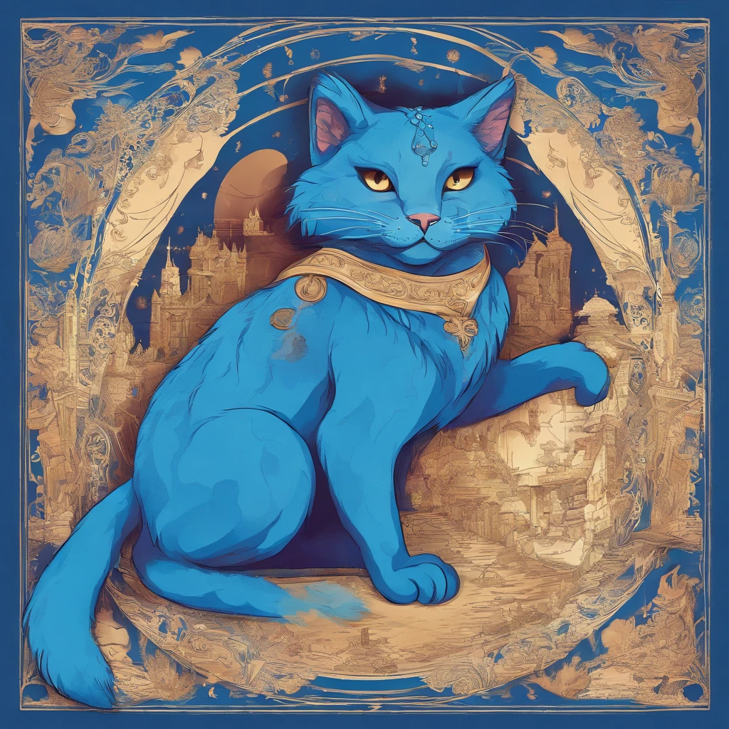 view full body 　Big blue cat smiling with a wide split mouth　Fantastic atmosphere　Picture book illustrations　Overall, the color is strong blue