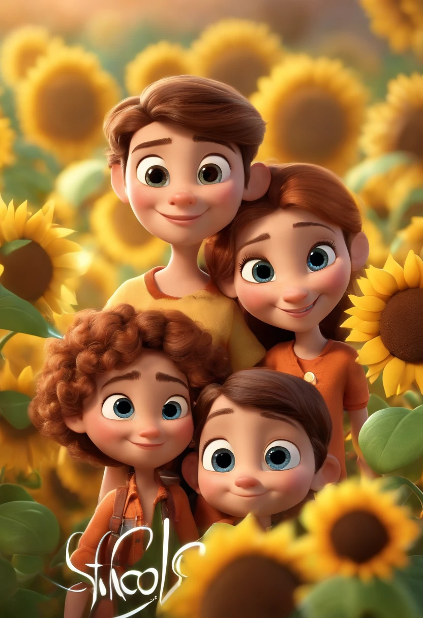 Create a Disney PIXAR-style 3D poster. ((centro da imagem, Triplets)), ((3 )) ((1 menino no meio e 2 meninas ao lado, They're hugging each other, O menino tem pele castanha e cabelos castanhos escuros e olhos castanhos escuros, 1 menina tem pele clara, olhos e cabelos escuros e cacheados, e a outra menina tem pele morena, olhos escuros e cabelos escuros e lisos)) ((tudo isso no estilo Disney PIXAR 3D, In the background, A house of sunflowers, Gloria Studio, The garden is full of nature 3D render RTX clay material, estilo de design cartunesco, POP Mart, soft lighting, linhas suaves, Spring tilt, Detailed illustrations of PIXAR 3D, Detalhes hiper-realistas, cor quente no estilo Disney PIXAR 3D))