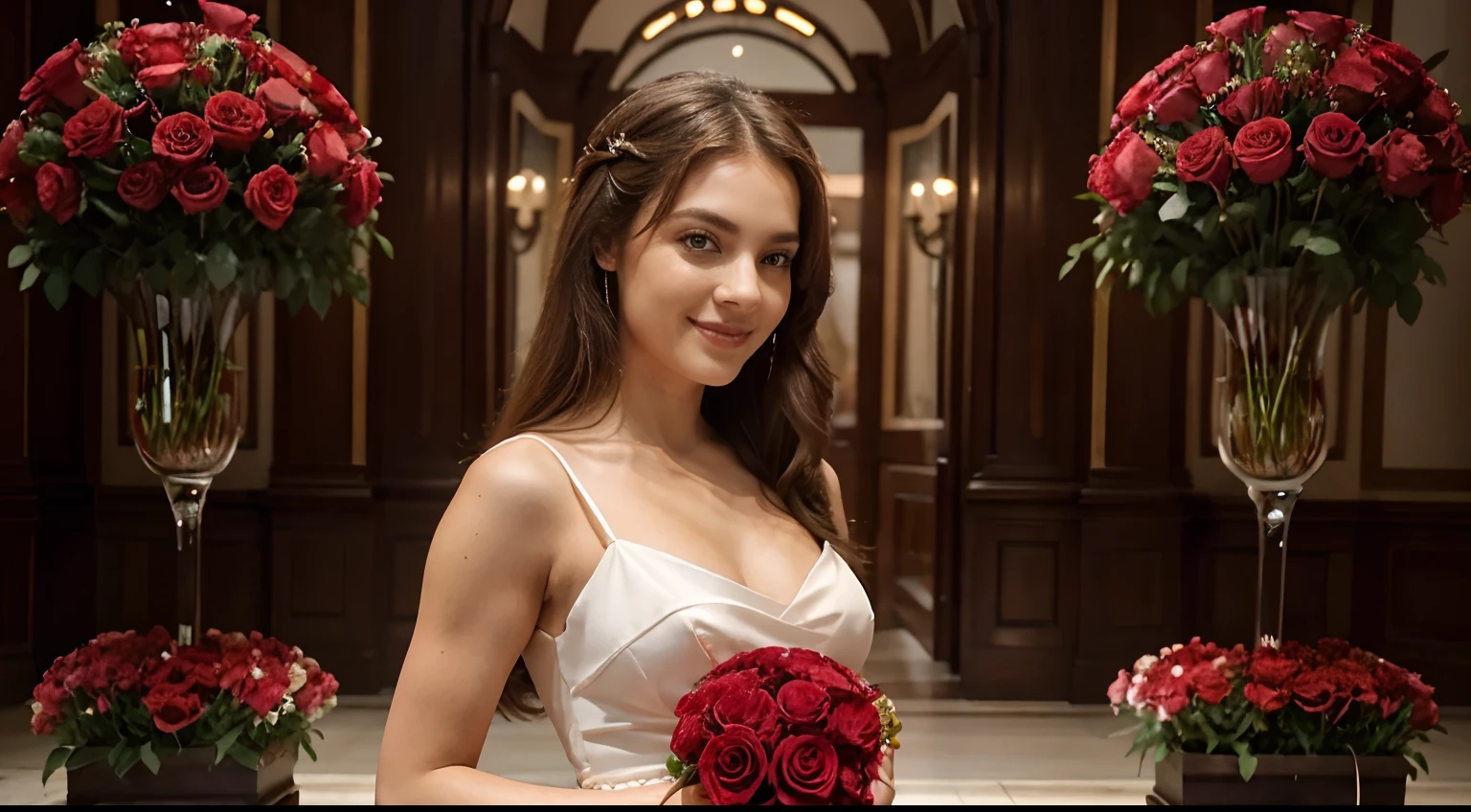 Imagine a woman standing, Wearing an elegant dress that falls down to her ankles. O vestido tem um tom suave que contrasta lindamente com o vibrante vermelho das rosas. Ela tem cabelos longos e ondulados que caem suavemente por suas costas. On his left arm, She holds a large bouquet of red roses. The petals are soft to the touch and exude a sweet, enveloping scent. The bouquet is so large that some of the flowers spill gracefully through your fingers, criando uma imagem deslumbrante. The woman is smiling softly, Your eyes shining with happiness and gratitude for the beauty of the flowers. Ela parece estar em perfeita harmonia com a natureza ao seu redor, And the bouquet of red roses is like an extension of your own beauty and elegance. It's an enchanting scene that conveys a sense of love, Joy and appreciation for nature.