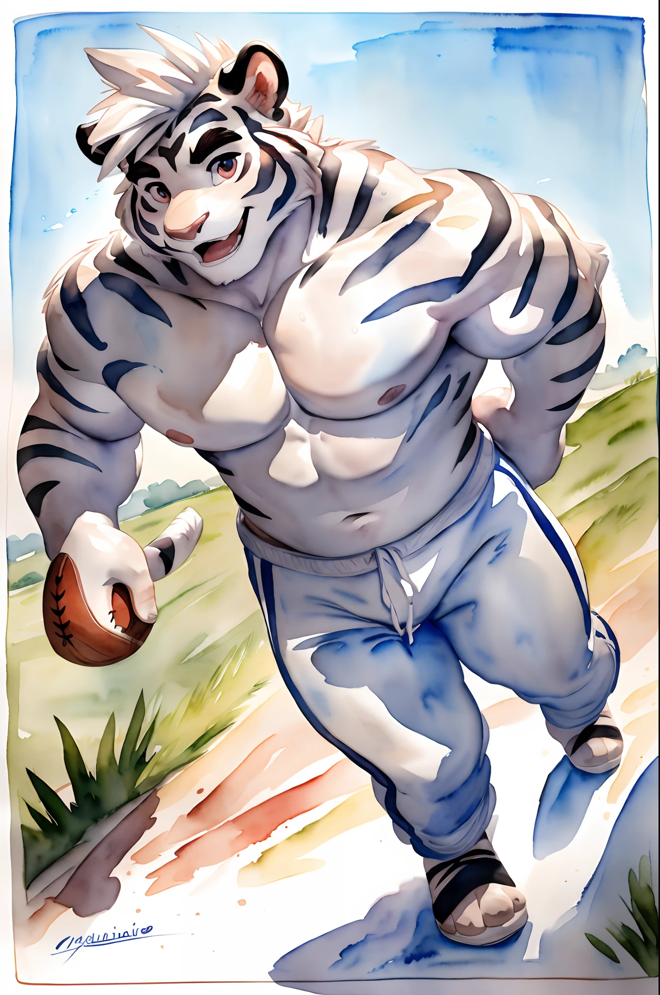 Hominidae, Pose for Camera. 4K, high resolution, Best quality, posted on e621, (Two anthropomorphic white tigers:1.2), Anthropomorphic white tiger, male people, 20yr old, Thick eyebrows, Light blue stripes, shaggy, Strong body, large pecs, ((Shirtless)), They play baseball together, Pink milk clusters, sweat leggs, White leggings sweatpants, on a grassy field, (sport, Muscular, Heavyweight:1.2), Correct anatomy, (White background, Watercolor background:1.1), (by Chunie, author：Taran Fidler:0.8), (Detailed eyes:1.2), Sexy, (cel-shaded:1.2), cartoon shading, (aquarelle:1.2), having fun, Be red in the face, (view the viewer:1.2), Look ahead