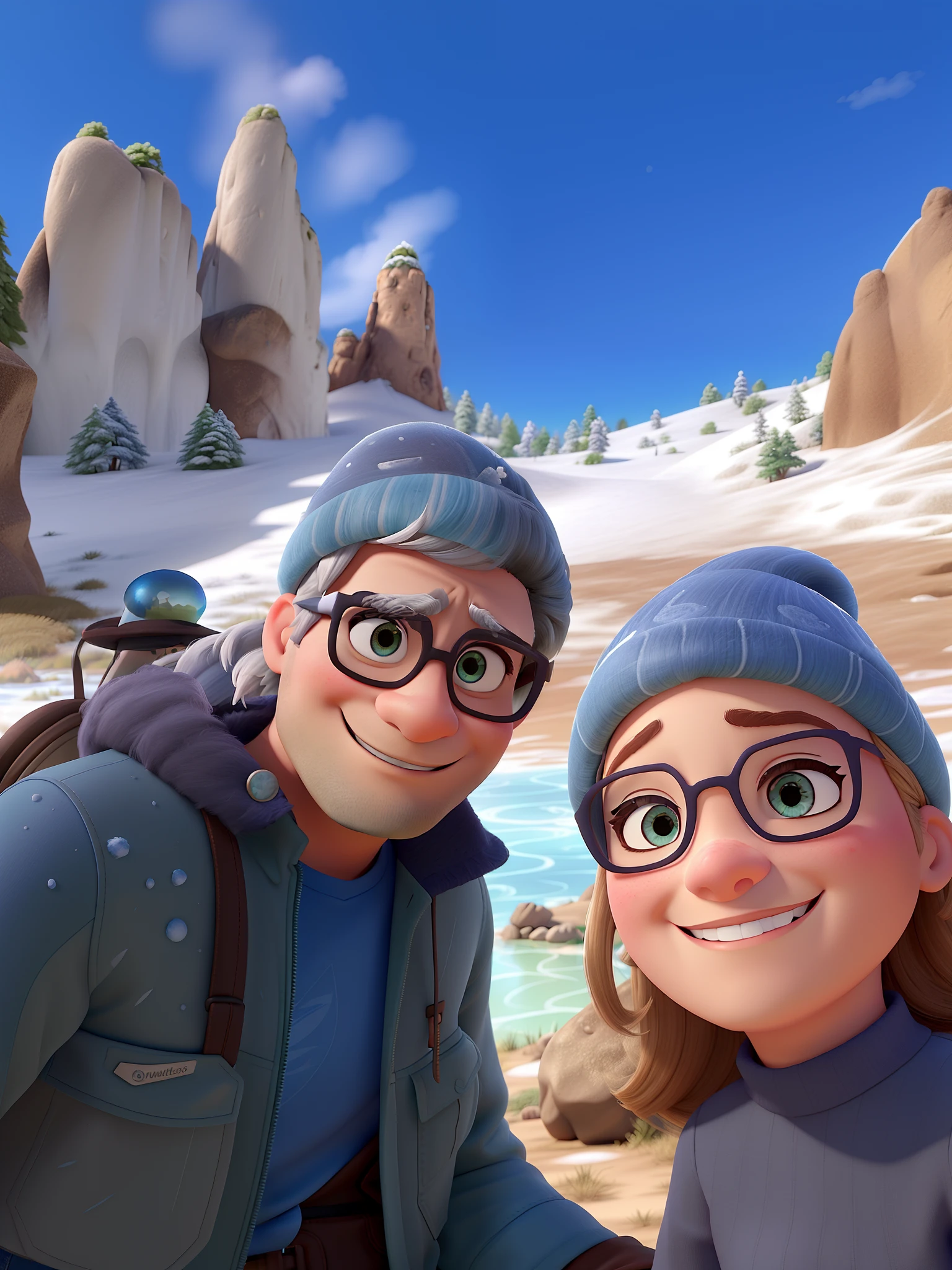 Um casal ao estilo da Pixar, alta qualidade, best quality, e homem de olhos castanhos, mulher baixa e com cabelos com mechas loiras, em paisagem, montanhas com neve ao fundo, lago congelado ao fundo.