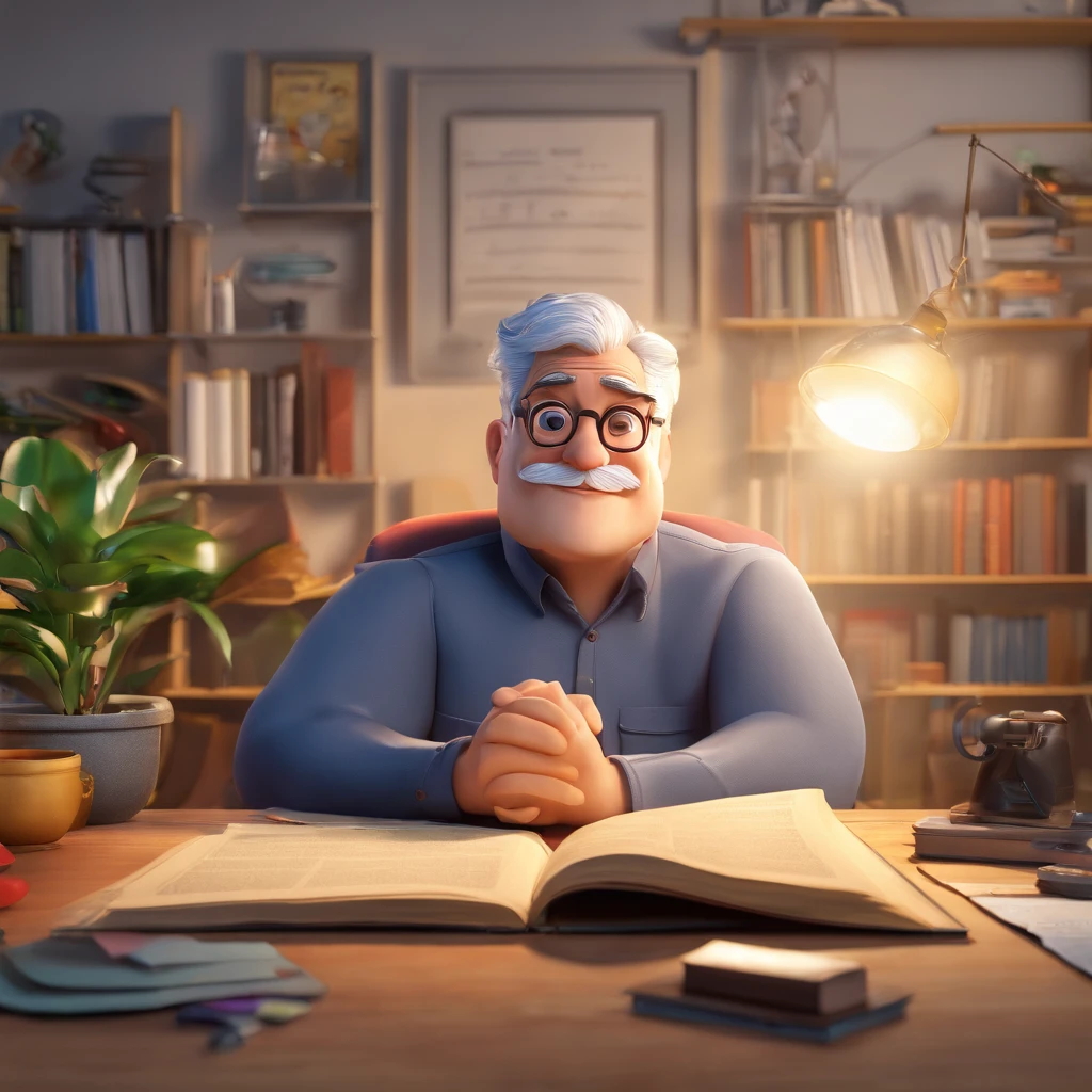 Crie um cartaz inspirado na Disney Pixar com o personagem sendo o pastor Rubens Janier, A gray-haired man wearing glasses, in an office with a Bible on the table