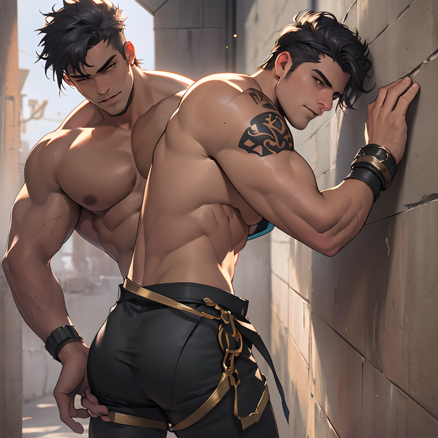 Male focus,Muscular male,Short black hair,Less stubble,Handsome,Detailed face,((((through wall, stationary restraints,Ass focus,srestrained, Stuck,Photo(object),,)))),Put on a suit，wearing a tie，Admire the masterpieces,8K,Depth of field,Bokeh,Detailed,homoerotic,(homoerotic),Highly detailed,Sharp focus,Intricate,8 k'',fantasy,Cinematic lighting,Cinematic,Masterpiece,Mattire,Photorealistic,4 k'',8K,Beautiful,voluminetric lighting,Dramatic, A MILF