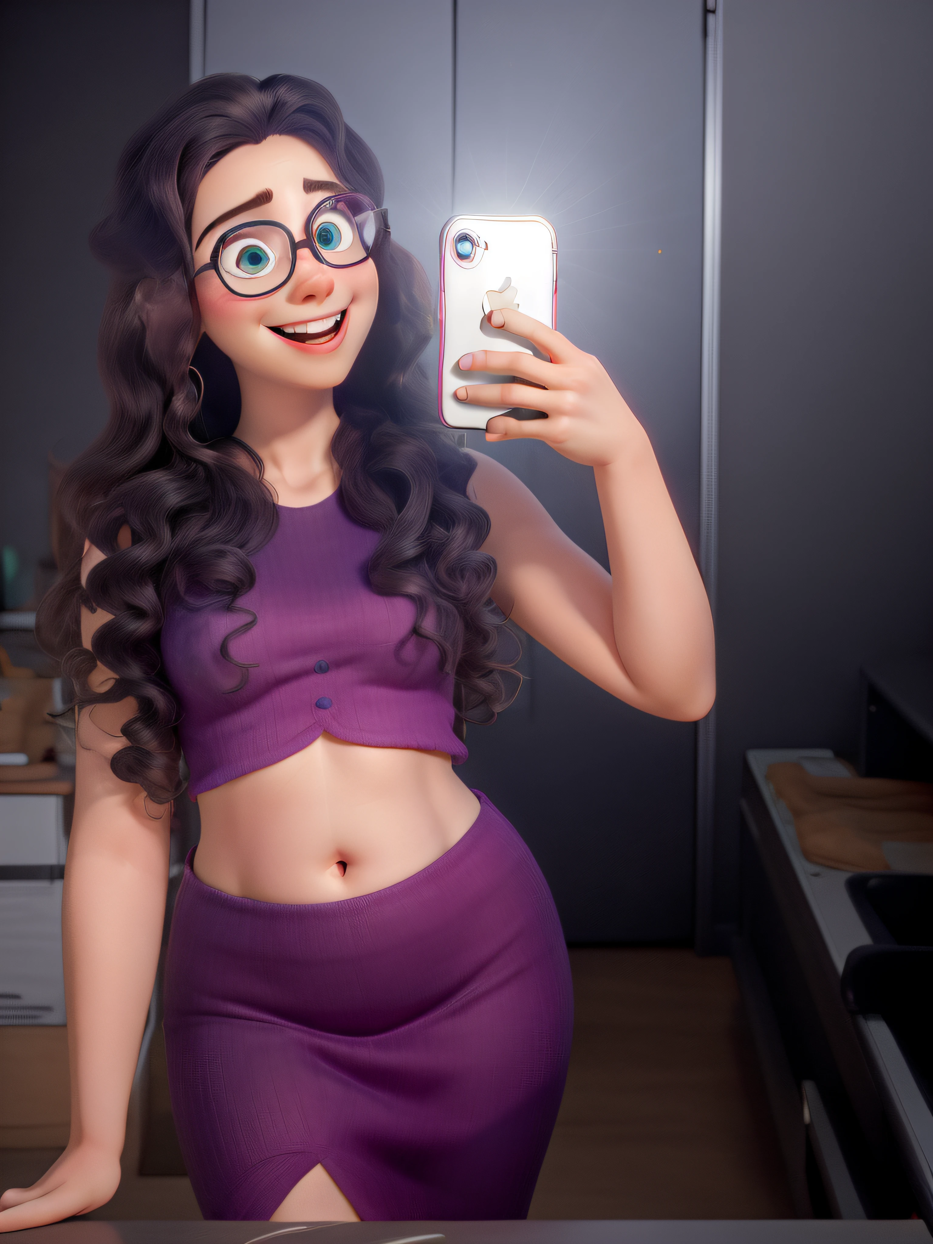 Pixar style image with 3D character white glasses brunette woman long curly hair, vestindo saia roxa e cropped roxo, mostrando a barriga, Maquiagem Disney, bonitinho, sorridente, sorrindo, close-up, Pixar, Disney, Cinema lighting, foto tirada no espelho com o celular com flash ligado, Iphone cell phone with lilac case, Iphone Apple, em seu quarto, quarto ao fundo