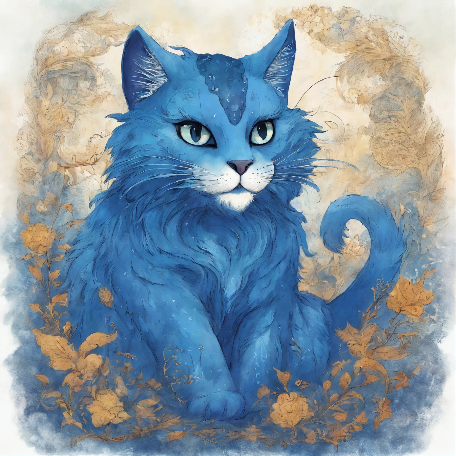 view full body 　Big blue cat smiling with a wide split mouth　Fantastic atmosphere　Picture book illustrations　Overall, the color is strong blue