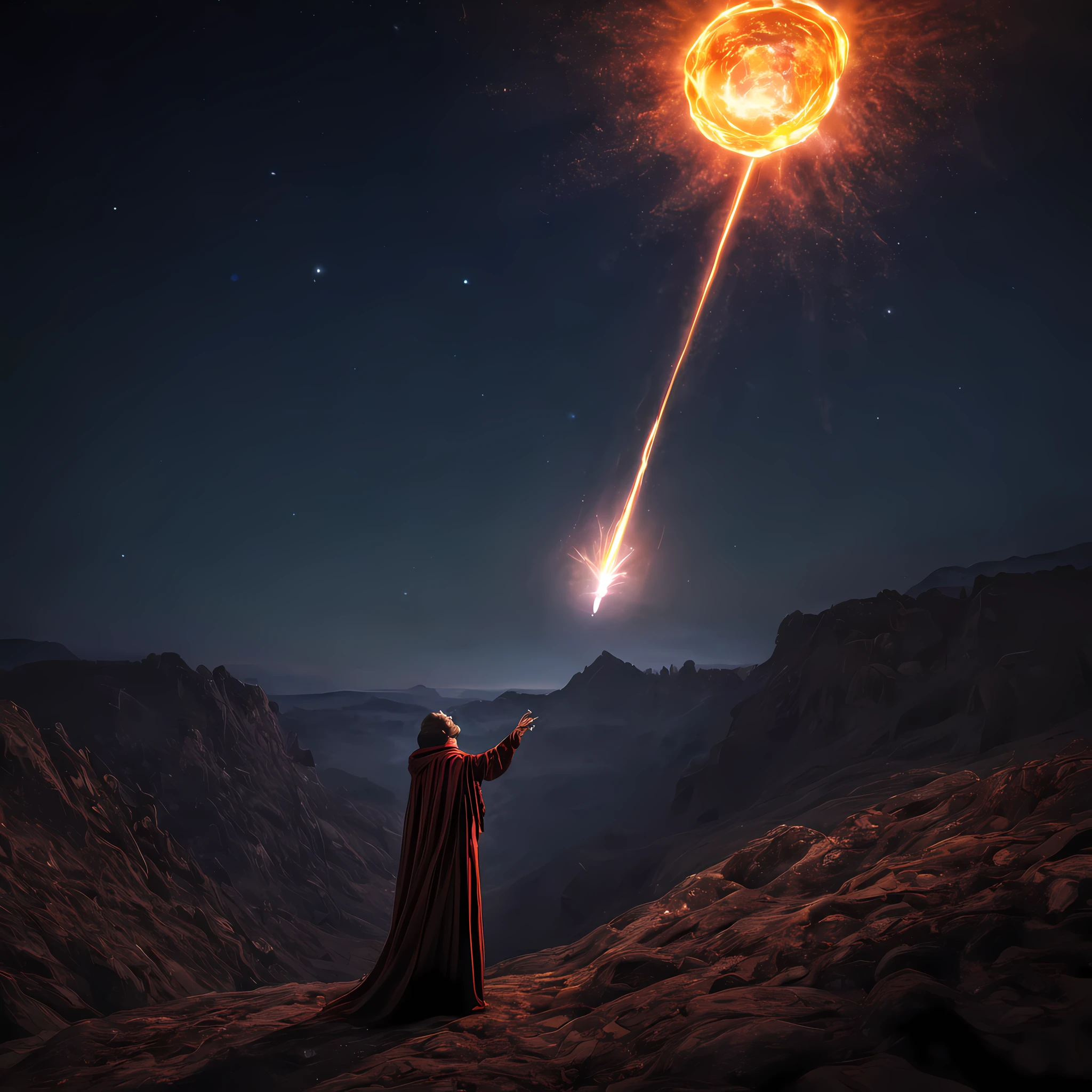 Photography capturing a mesmerizing scene of a mage summoning a colossal meteor through powerful incantations. The mage, draped in flowing robes and surrounded by mystical symbols, channels their magical energy towards the heavens. The meteor descends from the sky, its blazing tail illuminating the mage's face with an ethereal glow. The photograph is captured from a low angle, emphasizing the mage's dominance over natural forces. The lighting is dramatic, with the meteor casting a luminous aura upon the scene. This awe-inspiring image showcases the power and mystique of magic in a fantastical setting
