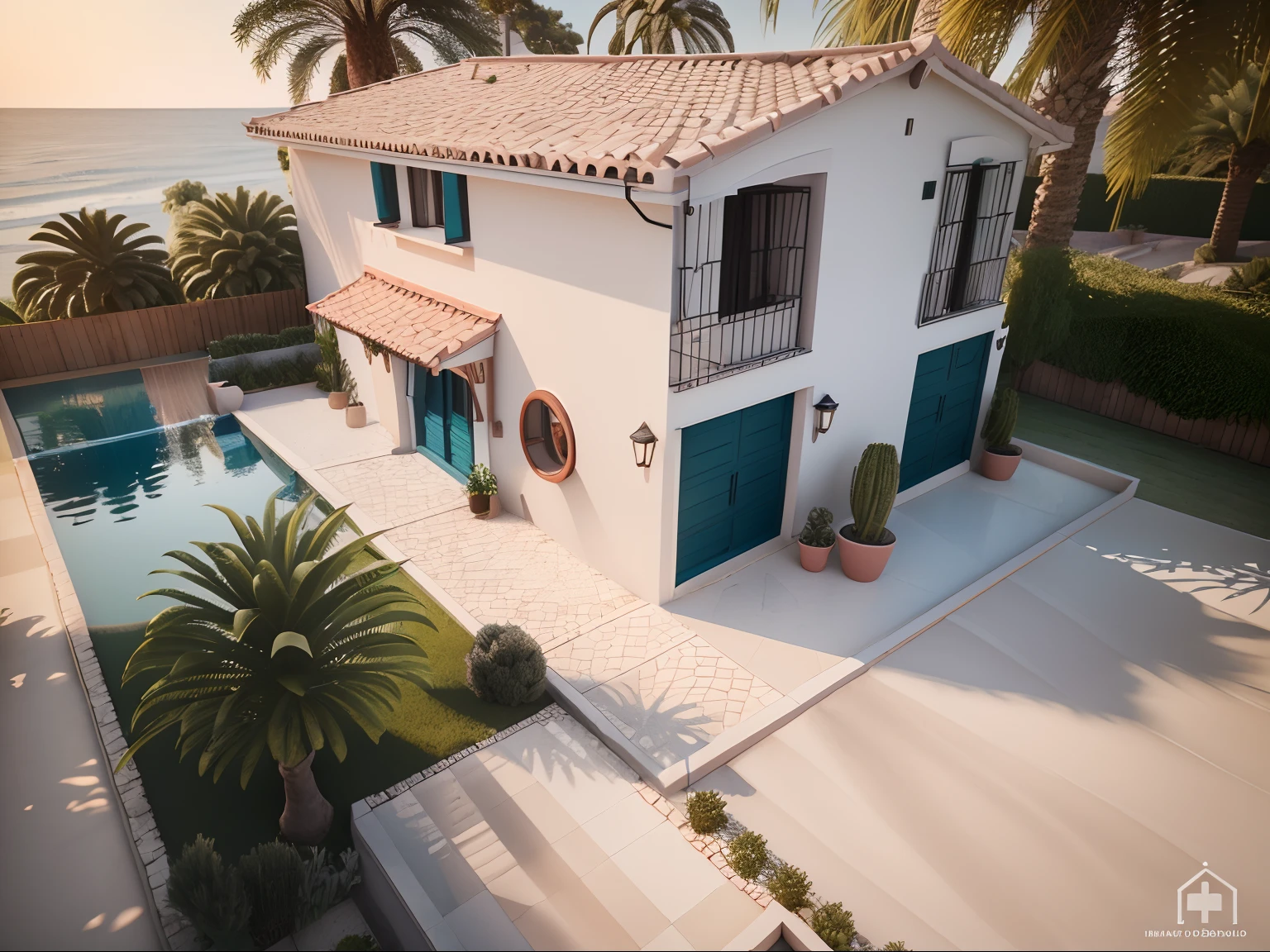 Vista Arafed de uma casa com um carro estacionado em frente, 3D-rendering, 3D rendering, conceito realista, Detailed rendering, pre-rendered, Casa Conceito, vue 3d render, renderizado, design exterior, imagem conceitual, tiro largo, conceptual rendering, professional render, realism rendering, with 3d render, with 3d render, same house in the Mediterranean style