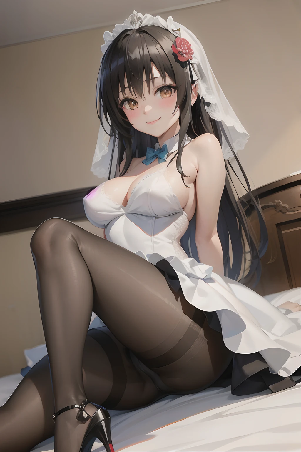 Best Quality, masutepiece, Portrait, , 1girl in, Kotegawa Yui, Black hair, Long hair, Long bangs, Brown eyes, medium udder, ((Bedroom)), Looking at Viewer, Smile,Photo from below、((weddingdress))、((pantyhose))、((high-heels))、