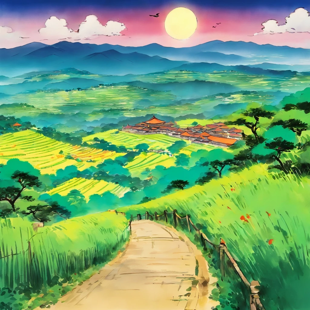 Casa de campo nas proximidades,In the distance, The landscape is intertwined,Themoon,Qi Baishi,wide high angle view,a noite,Choveu,Pintura a tinta chinesa tradicional