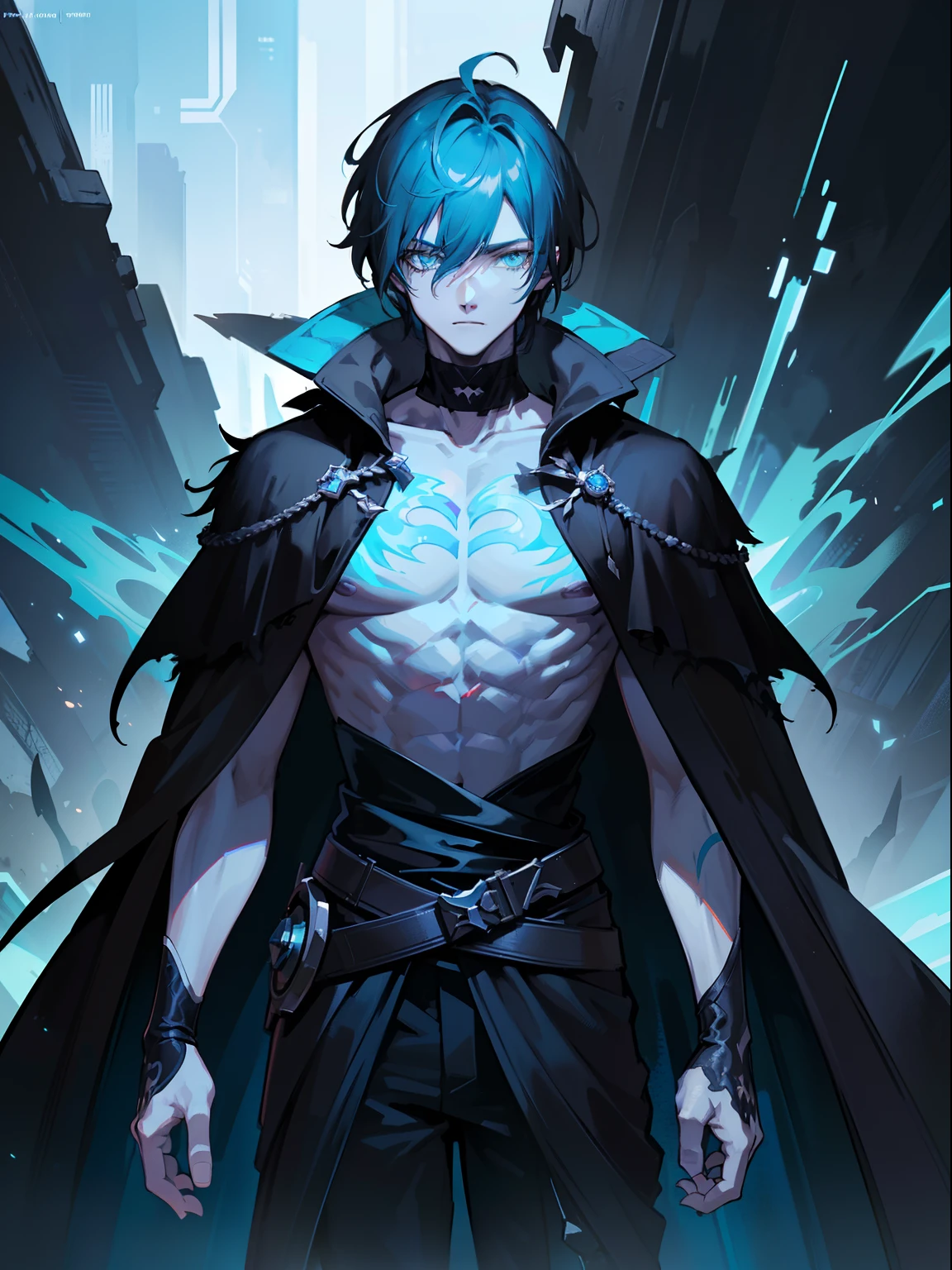 Cyberpunk male, fantasy world, dark background, clean design, epic instagram, artstation, colorful paint splatter, silhouette, hyper detailed intricate details, unreal engine, fantasy, intricate details, splash screen, complementary colors, Fantasy concept art, 8k resolution, deviantart masterpiece, oil painting, heavy strokes, paint dripping, (isolated on white background: 1.3), rainbow skin, (((handsome young man))), ((age:1.5) ), (glowing yellow eyes), ((light eyes)), ((((short blue hair: 1.1))), ((black clothes)), (prince\\(indifferent expression\\),, ( ((Wears high detail luxurious black robe))), blue hair, frost magic, ((chest) --v 6